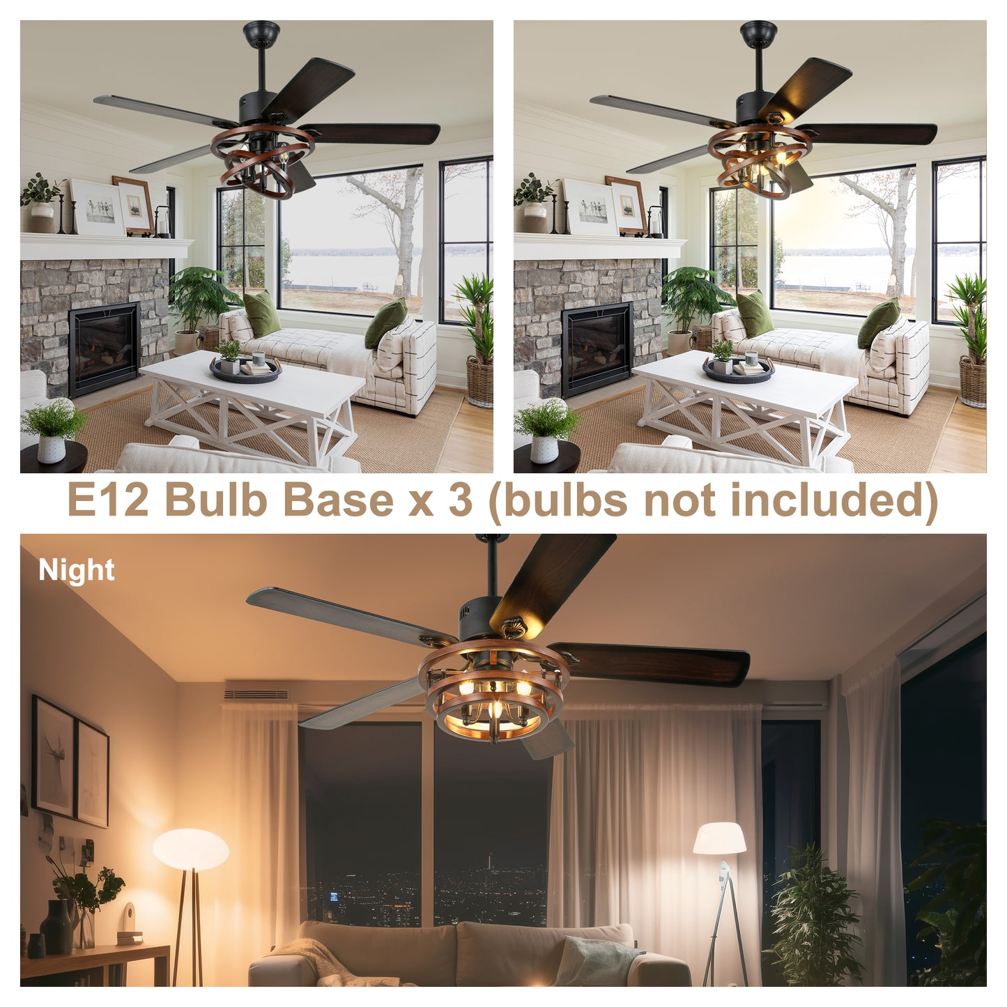 BellaDepot 52" Farmhouse Brown Ceiling Fan with Remote Control, 5 Blades Standard Ceiling Fan with Lights - DC5219