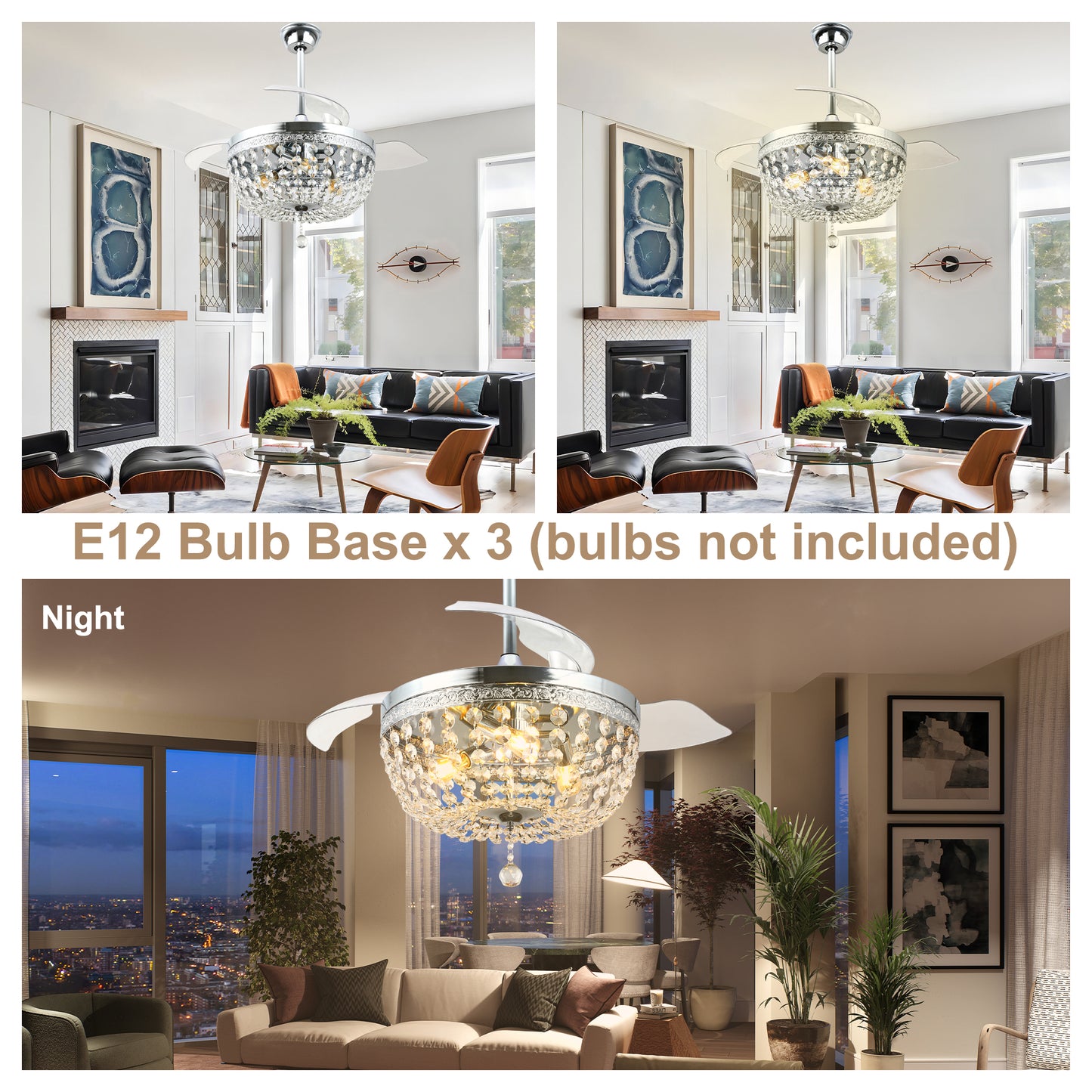 BellaDepot 42" Retro Silver Crystal Chandelier Ceiling Fan with Invisible Blades and Remote Control, Retractable Ceiling Fan for Living Room- DC4269-C