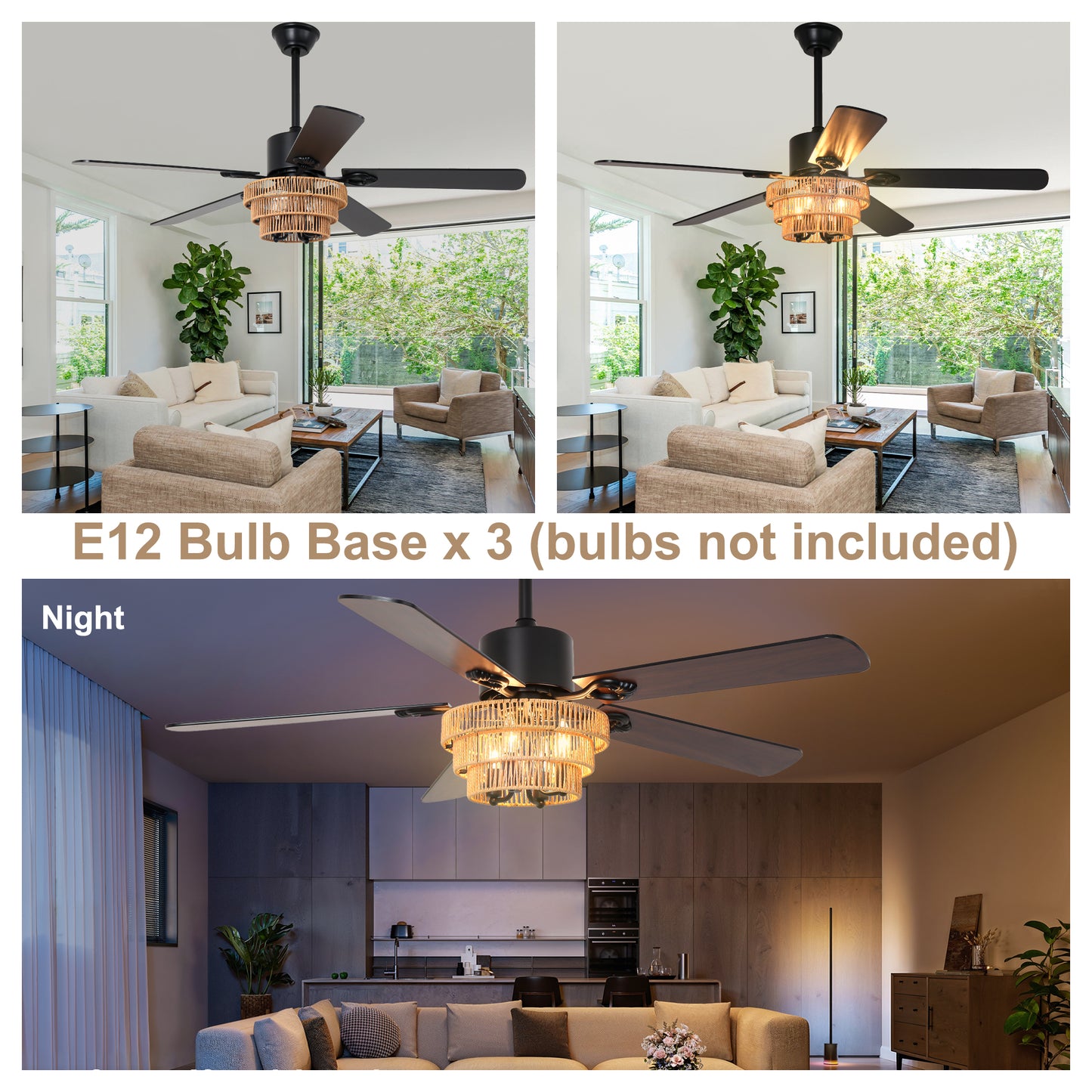 BellaDepot 52" Farmhouse Brown Rattan Caged Ceiling Fan with Remote Control, 5 Blades Standard Ceiling Fan with Lights - DC5221