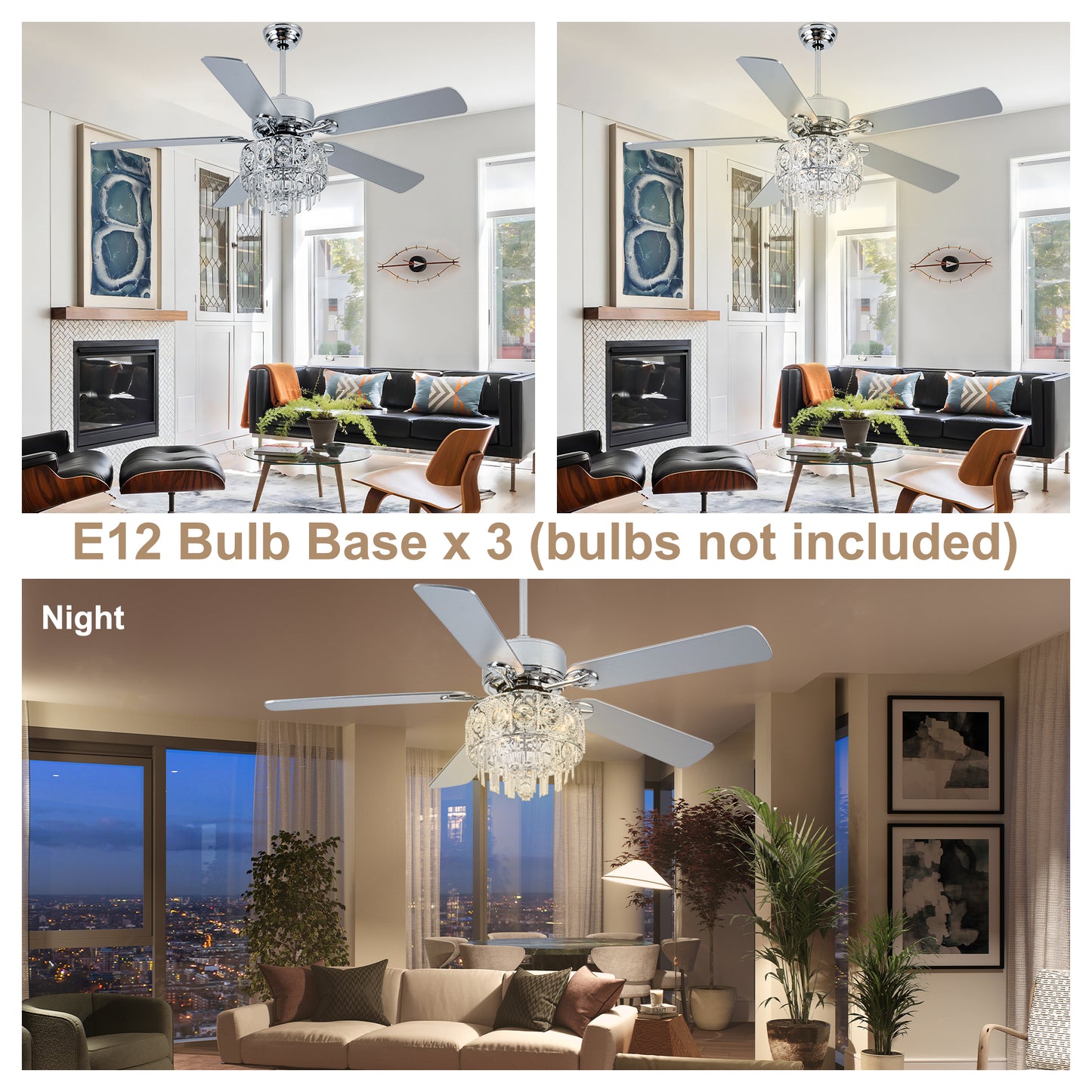 BD2064-52" Silver Finish Deluxe Crystal Reversible Ceiling Fan with 3 Lights and Remote
