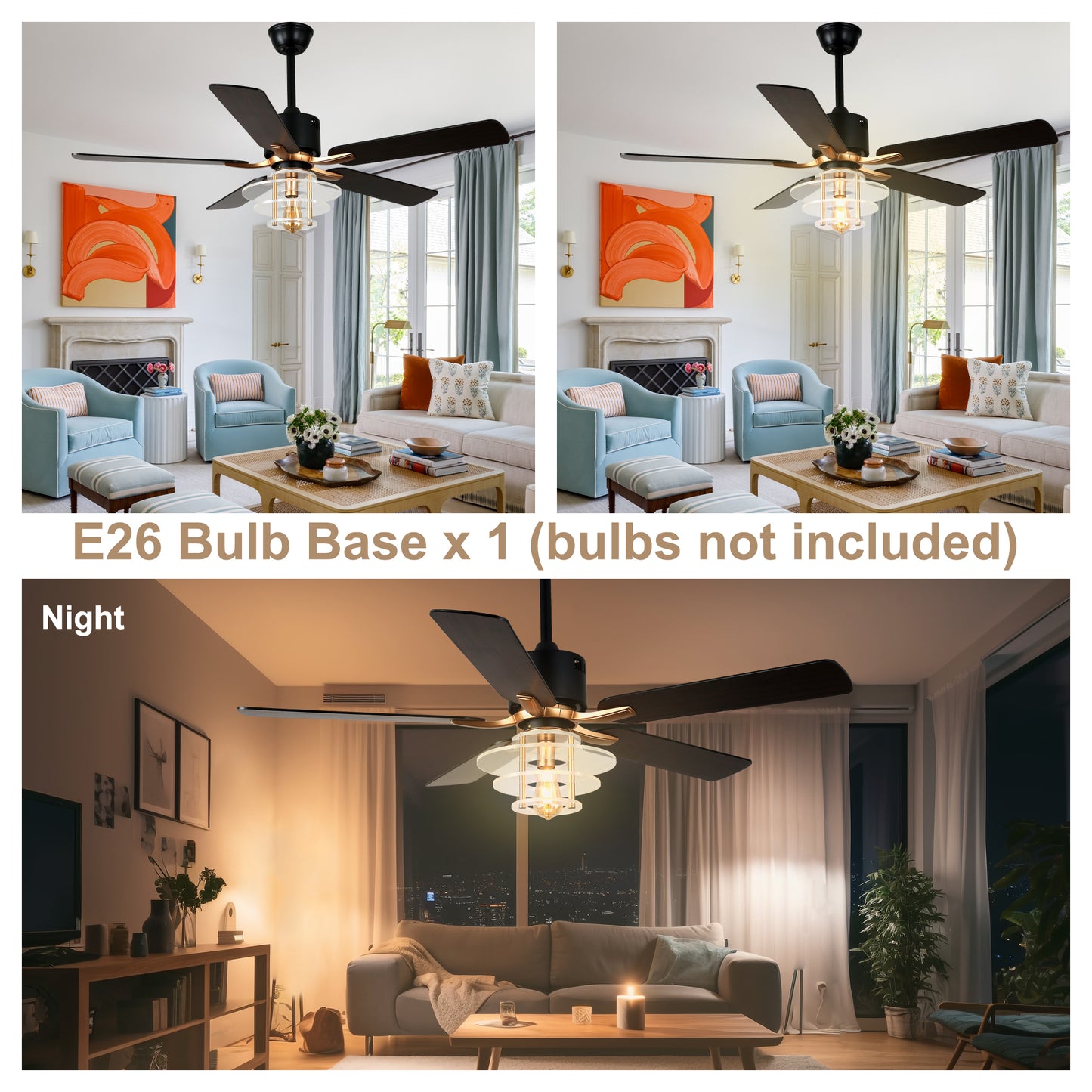BellaDepot 52" Modern Black or Chrome Acrylic Shade Ceiling Fan with Remote Control, 5 Blades Standard Ceiling Fan with Lights - DC5222-B/C