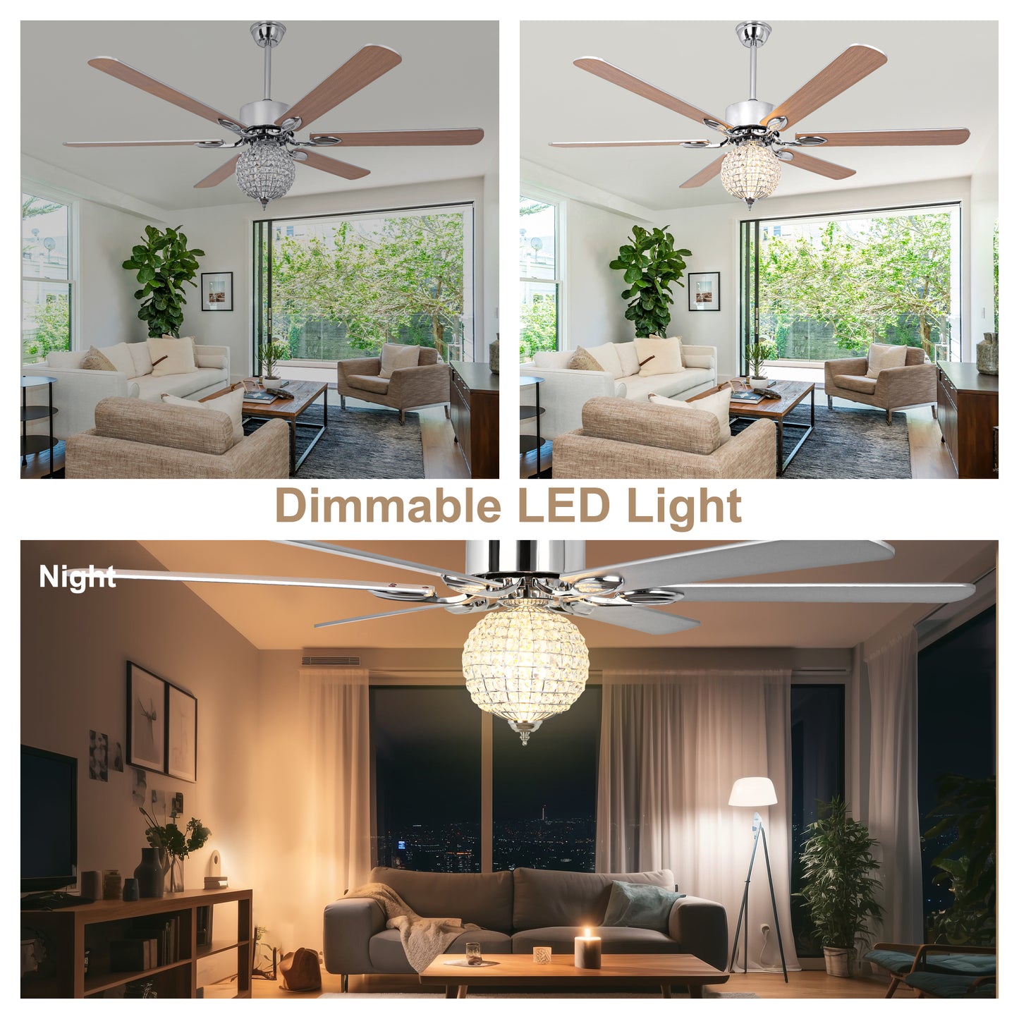 BellaDepot 65" Luxury Crystal Ball Chrome Large Size Ceiling Fan with Remote Control, Silent Motor 6 Speeds Straight Leaf Fan with LED Lights - DC6509