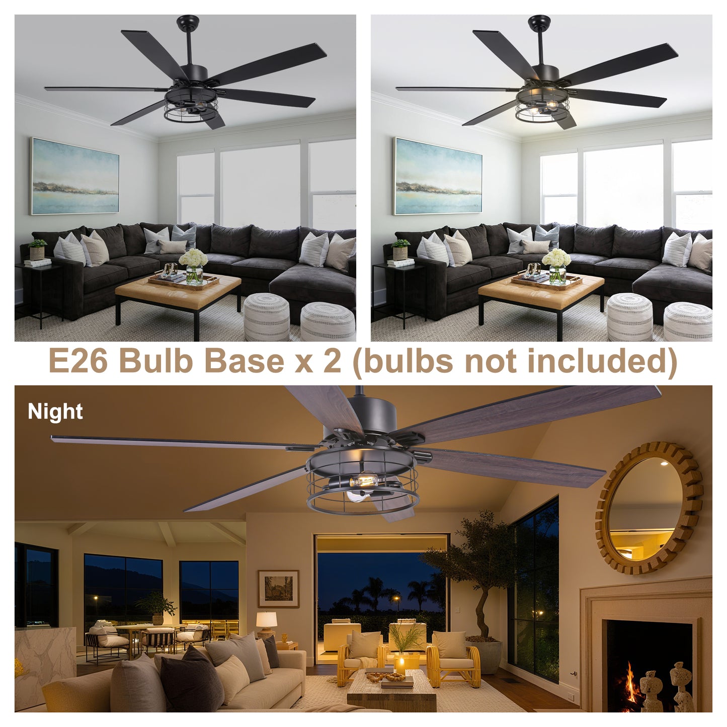 DC256501-BellaDepot 65" Industrial Matte Black Ceiling Fan, Reversible 6-speed Fan with Lights, Remote-controlled Fan