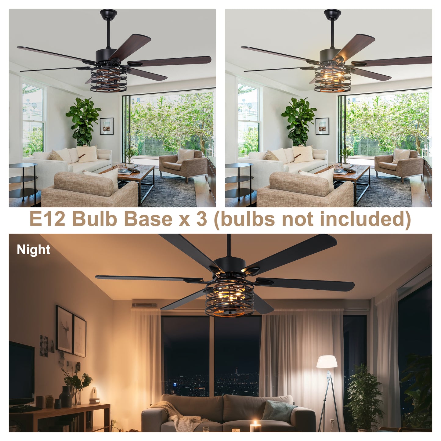 BellaDepot 65" Farmhouse Industrial Brown Large Size Ceiling Fan with Remote Control, Silent Motor 6 Speeds Straight Leaf Fan with 3 Lights - DC6507