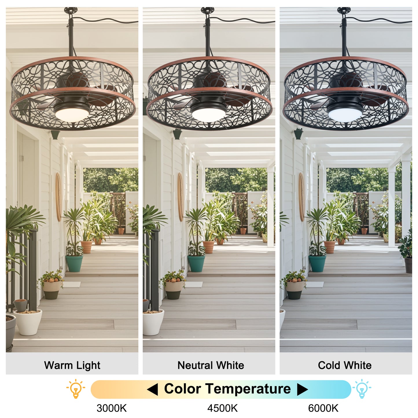 HW2310-GED-BellaDepot 24" Outdoor Iron Carving Caged Ceiling Fan with Remote Control, DC Motor 6 Speeds Fan with LED Lights