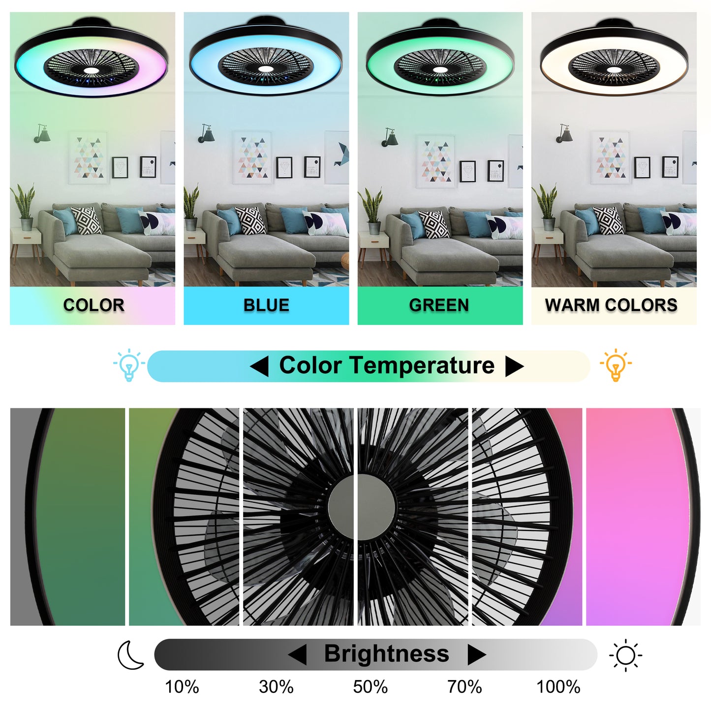 HWJ2310-23" RGB Flush Mount Smart Ceiling Fan with Remote Control, Bedroom Fan Lights with 6 Wind Speeds