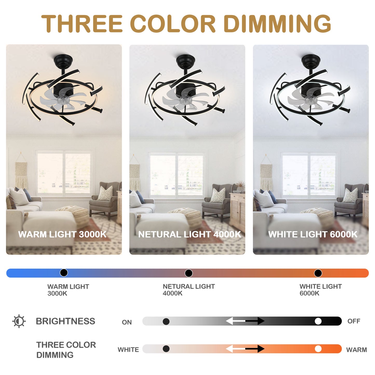 DC2405-BellaDepot 24.4" Black/Gold/White/Brown/Chrome DIY Shape Reversible Ceiling Fan with Remote and LED Light Kit Included