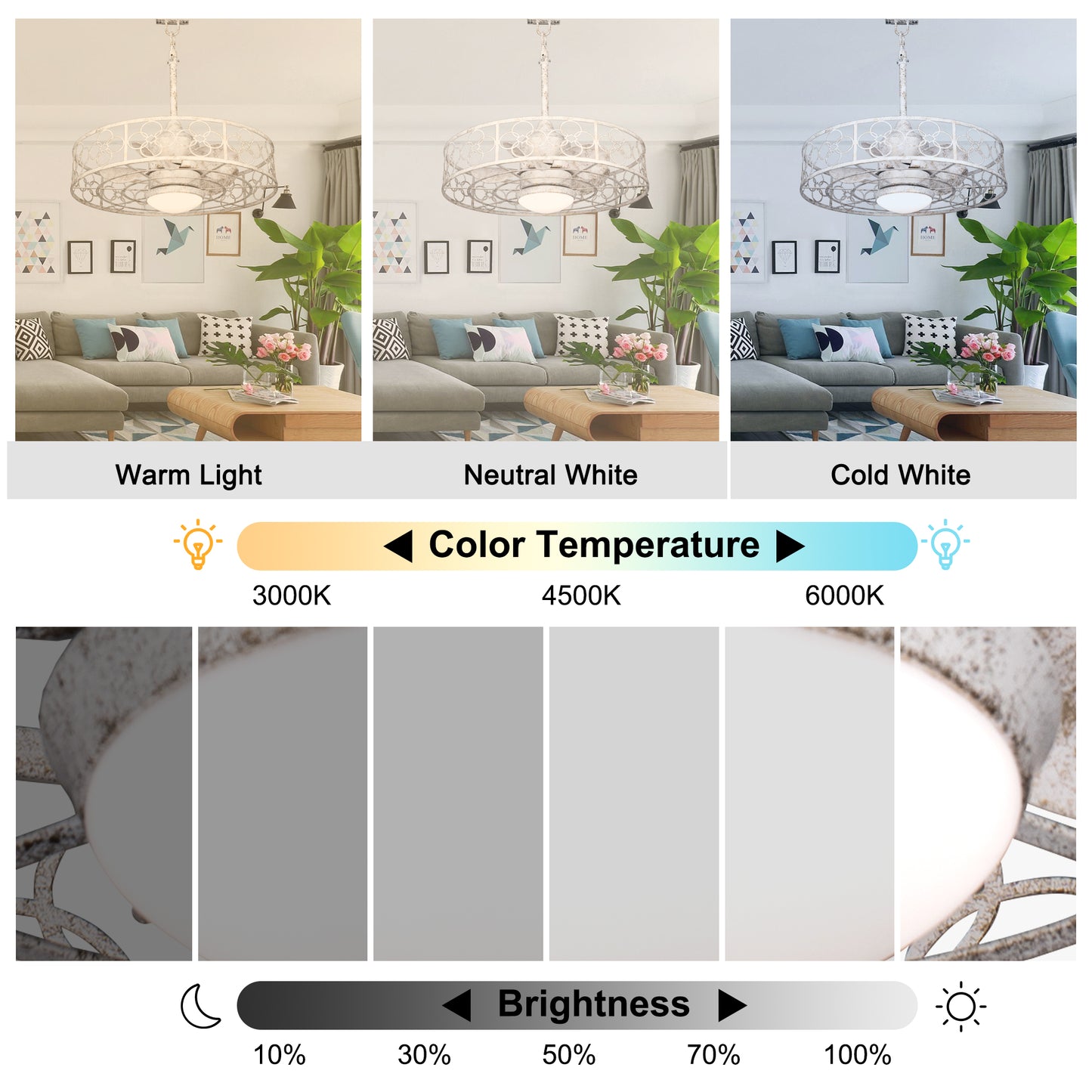 HW2036-BellaDepot 23.6" Distressed White Outdoor Ceiling Fan with Remote and LED Lights, DC Motor 6 Speeds Ceiling Fan