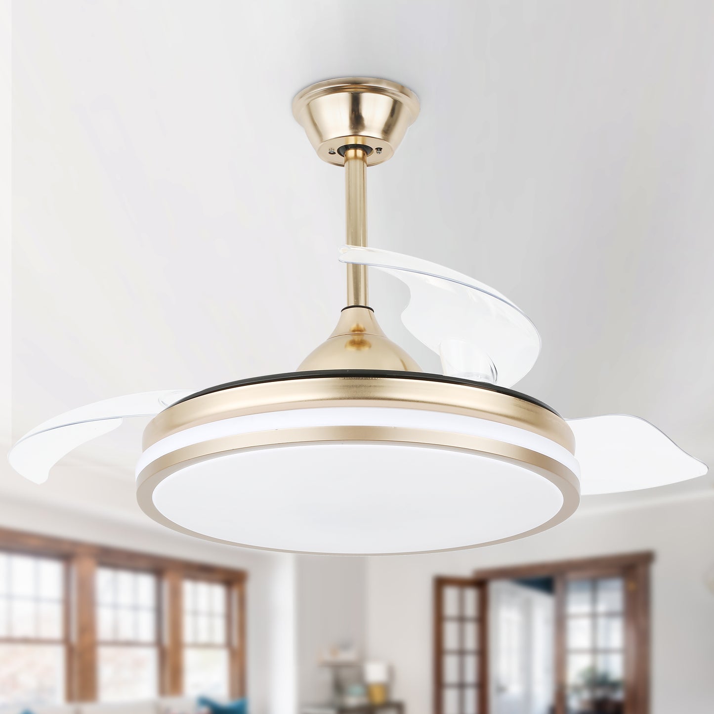 DC4260-BellaDepot 42" Black/Chrome/Gold/White Modern Reversible Ceiling Fan with Remote and LED Light Kit Included, 6 Speeds Retractable Ceiling Fan