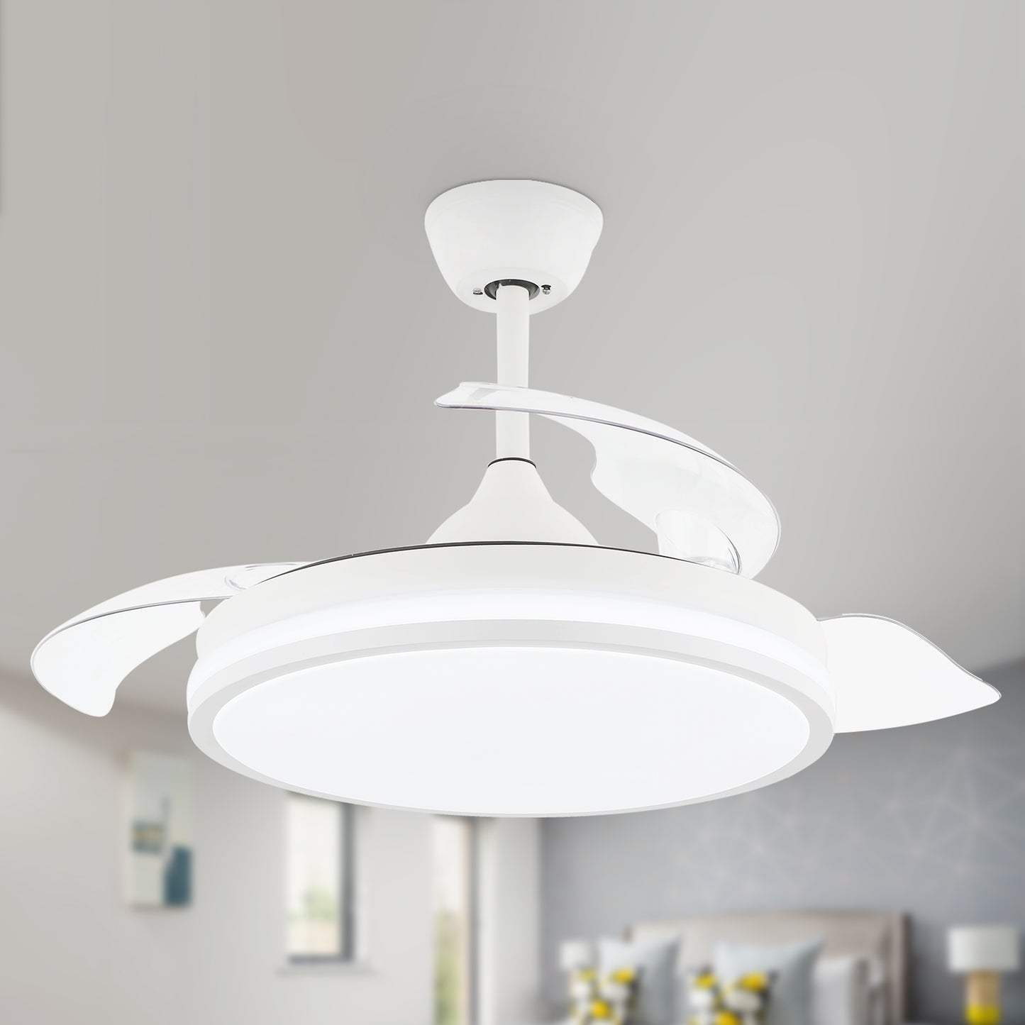 DC4260-BellaDepot 42" Black/Chrome/Gold/White Modern Reversible Ceiling Fan with Remote and LED Light Kit Included, 6 Speeds Retractable Ceiling Fan