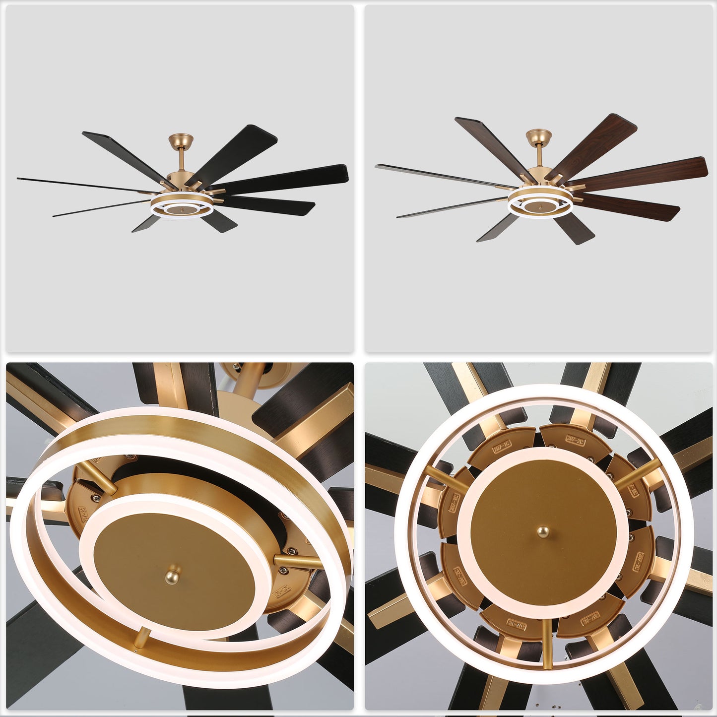 DC7202-BellaDepot 72" 8 Wooden Blades Gold/Black/Silver Finish Modern Urban Reversible Ceiling Fan with Remote and LED Light Kit Included, Large Size Dimmable Ceiling Fan