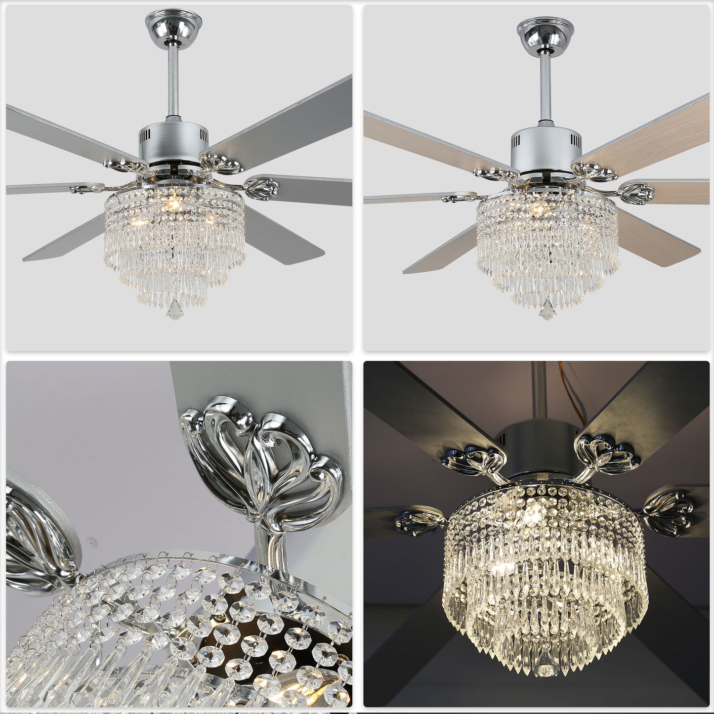 DC6502-65" Black/Silver Finish Metal Crystal Wooden Reversible Ceiling Fan with Remote and 3 Lights, Large Size Ceiling Fan