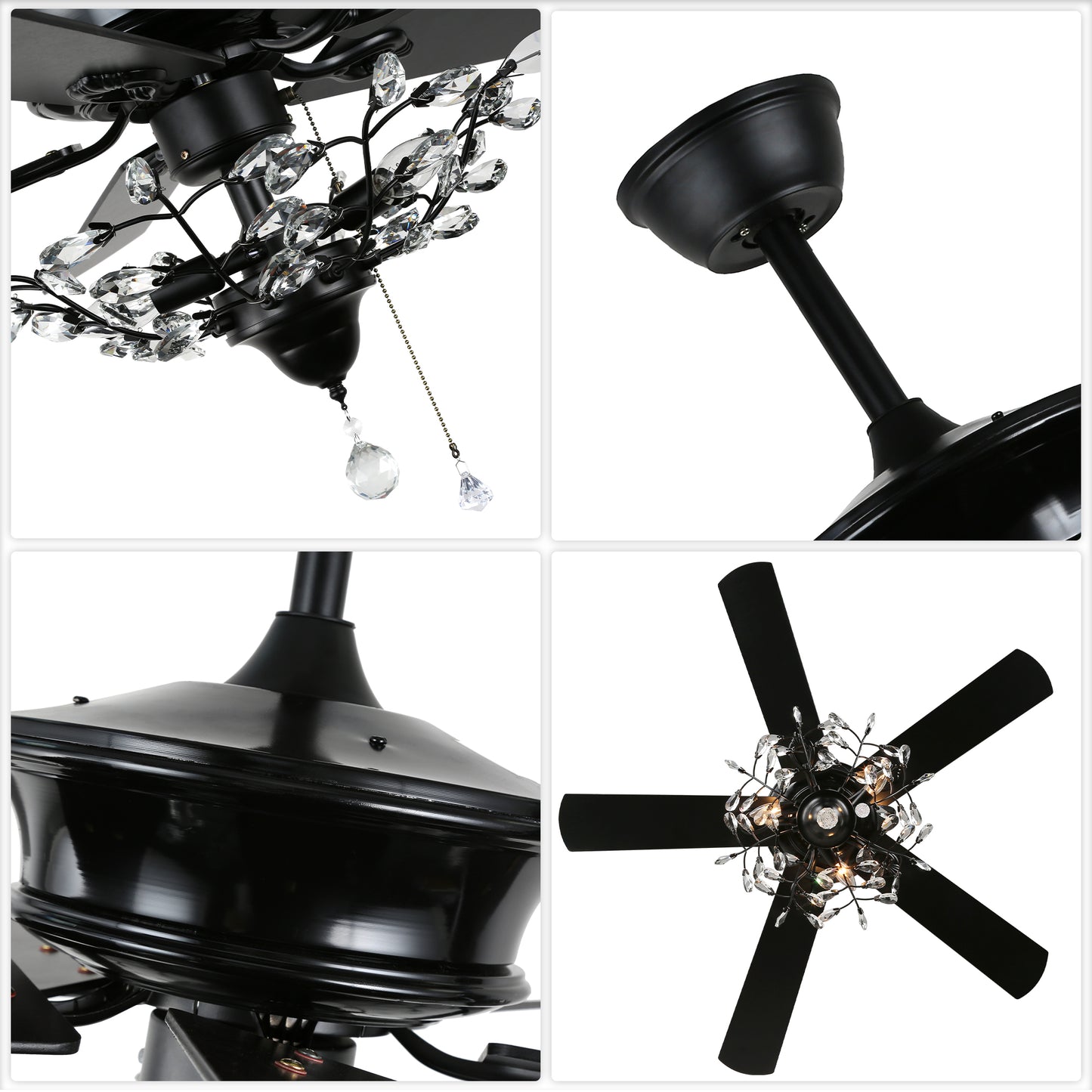 BD2014-52" Black/Chrome Finish Luxury Crystal Reversible Ceiling Fan with Remote and 3 Lights