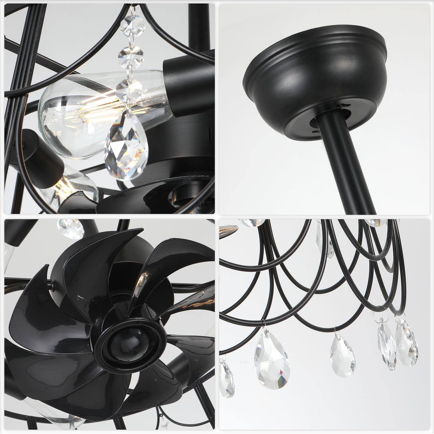 DC2105-20.8" Black/Silver Finish Luxury Crystal Reversible Ceiling Fan with Remote and 4 Lights, 6-speed Bladeless Ceiling Fan