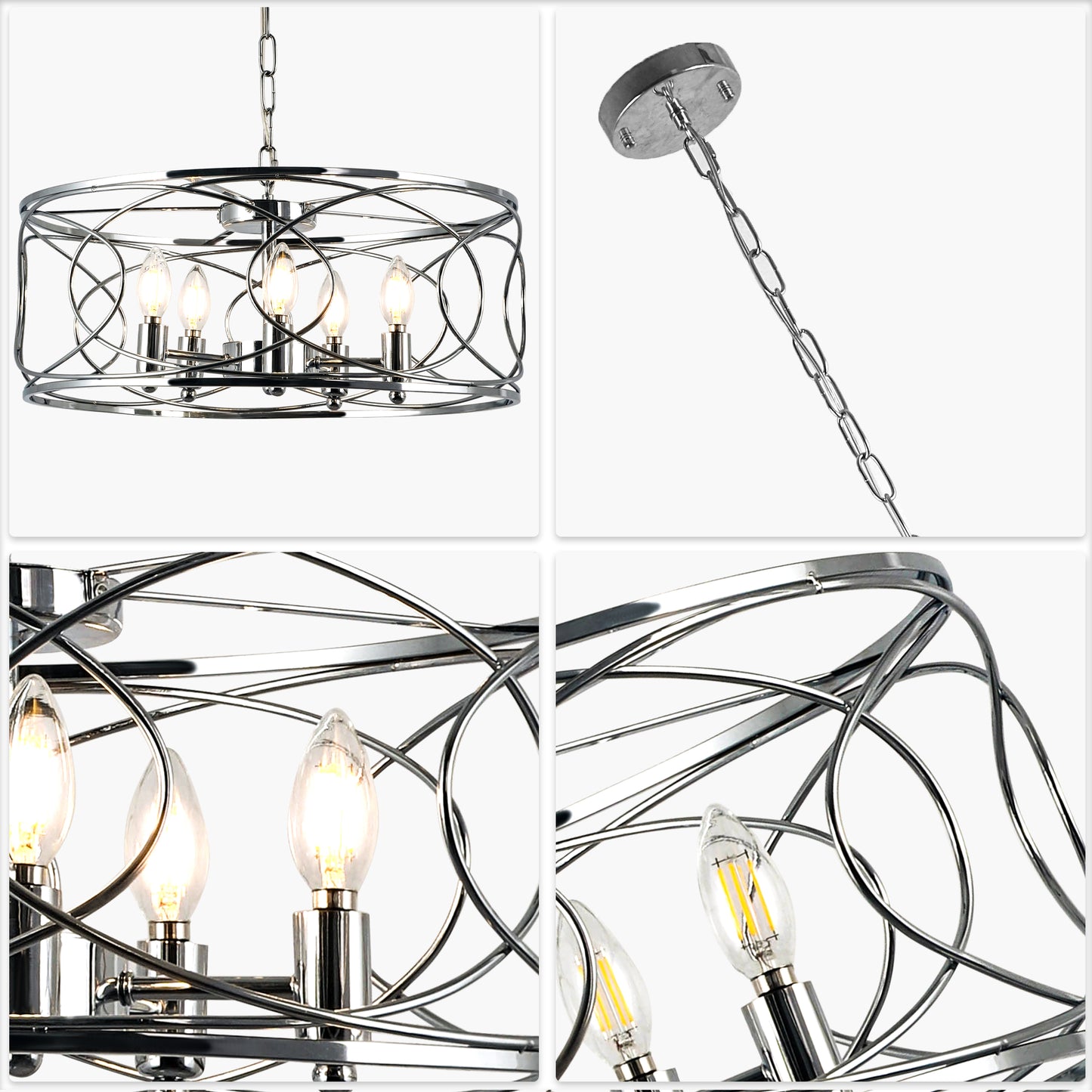 FC4078-5 Lights Black/Silver Finish Simple Linear Metal Caged Chandelier, Geometric Pendant Light with and Adjustable Chain