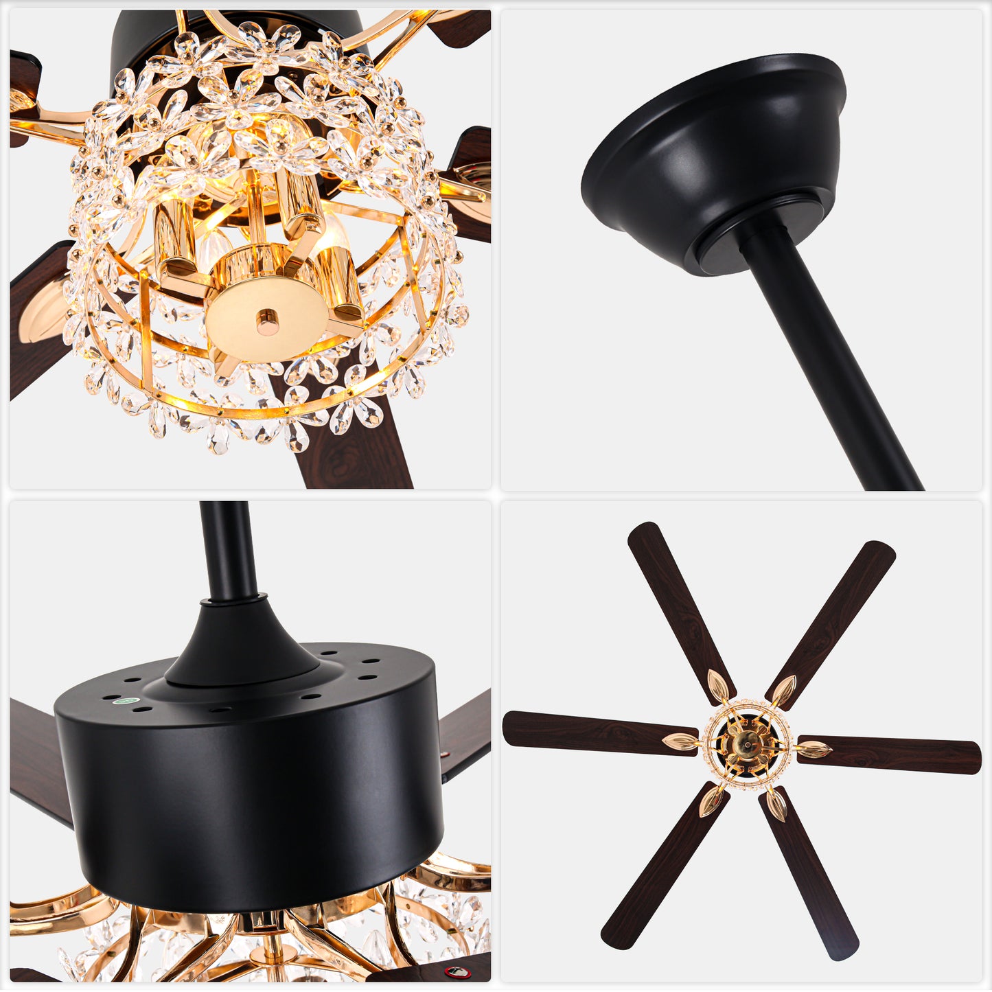 BellaDepot 65" Luxury Crystal Shape Flower Caged Ceiling Fan with Remote Control and 3 Lights, Black or Silver Silent Straight Leaf Fan for All Seasons - DC6510-B/C