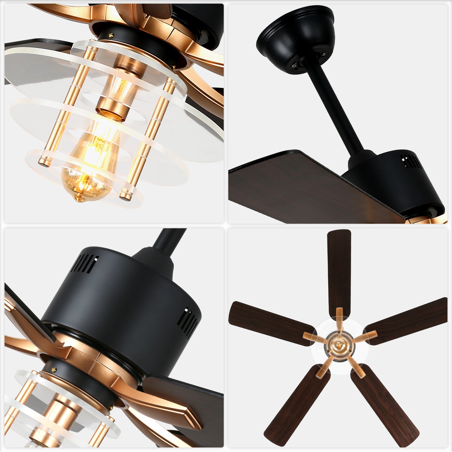 BellaDepot 52" Modern Black or Chrome Acrylic Shade Ceiling Fan with Remote Control, 5 Blades Standard Ceiling Fan with Lights - DC5222-B/C