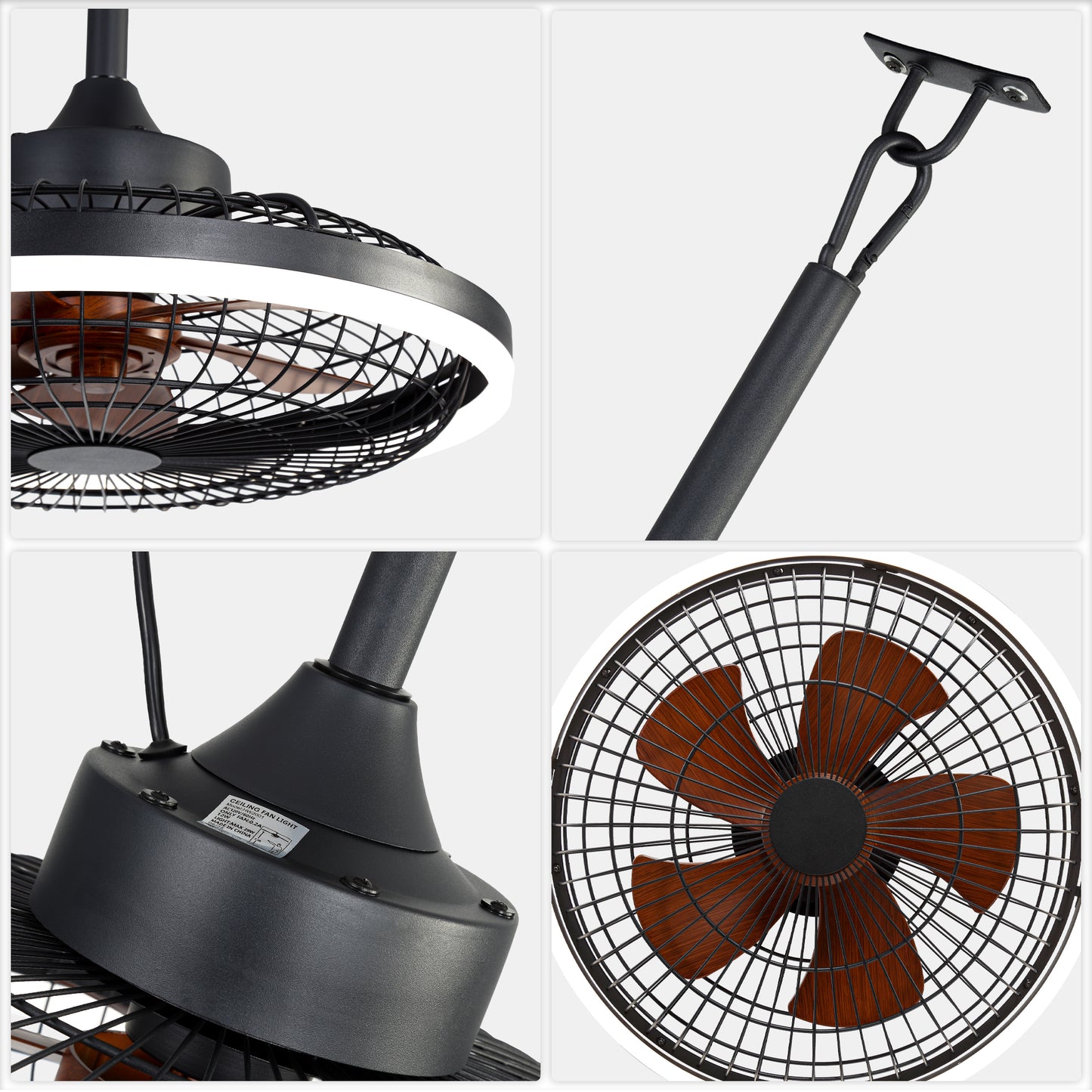 HW2001-BellaDepot 20" Compact Outdoor Caged Ceiling Fan with Remote Control, Waterproof Fan with LED Lights