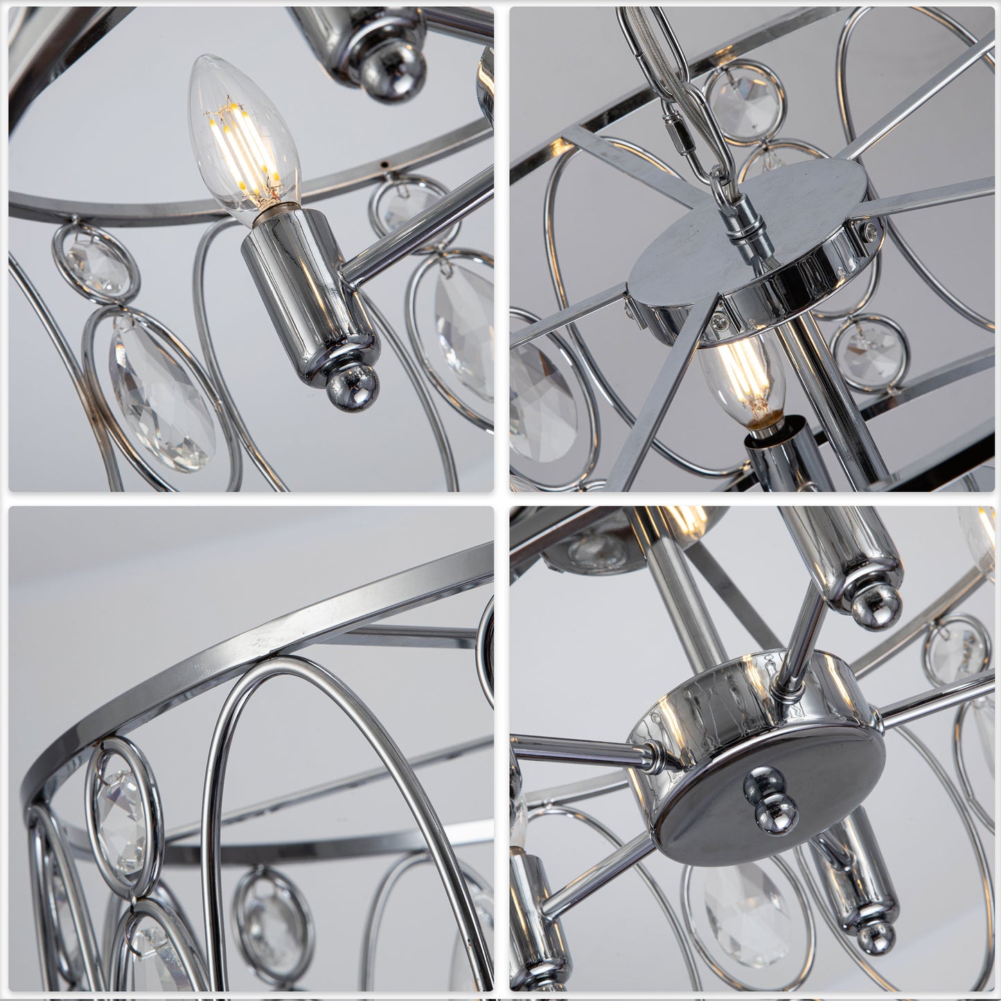 FC4086-5 Lights Black/Silver Finish Glamorous Crystal Geometric Chandelier, Height Adjustable Iron Pendant Light