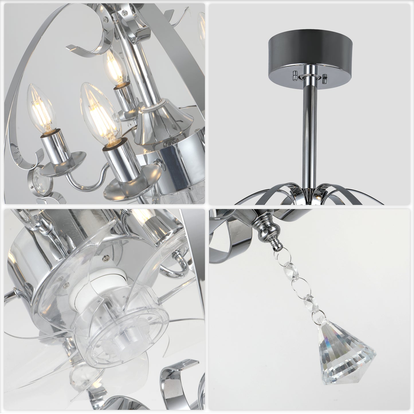DC2031-19.7" Silver Finish Luxury Crystal Reversible Ceiling Fan with Remote and 5 Lights, 6-Speed Ceiling Fan