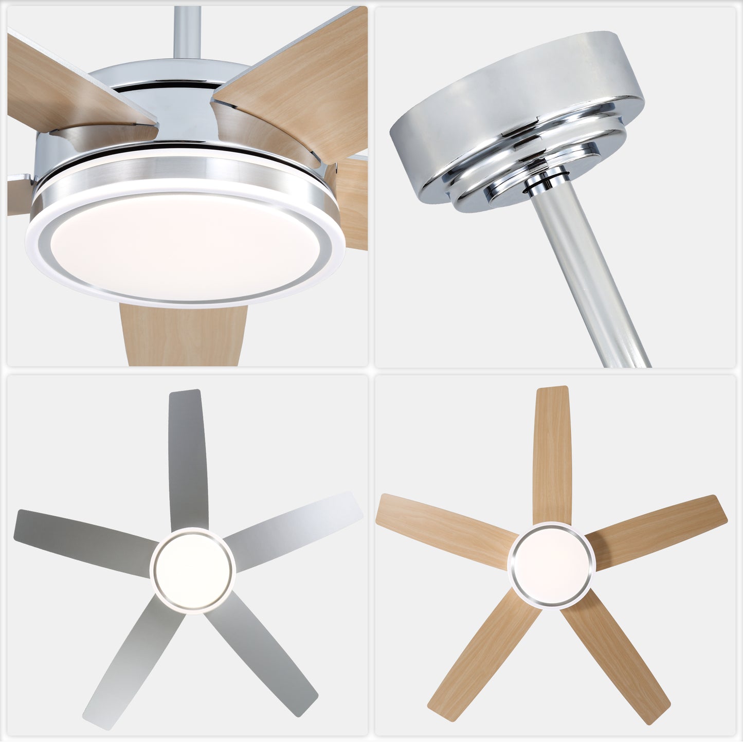 BellaDepot 52" Modern Contemporary Black or Chrome LED Ceiling Fan with Remote Control and Lights, Reversible 6 Speeds Ceiling Fan for All Seasons - DC5225-B/C