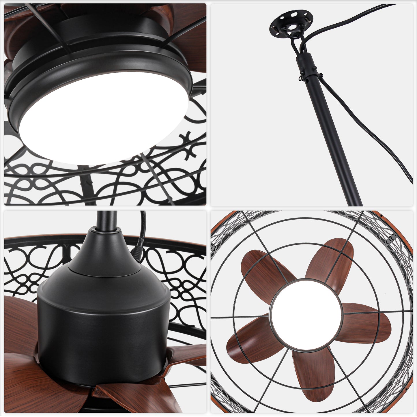 HW2310-GED-BellaDepot 24" Outdoor Iron Carving Caged Ceiling Fan with Remote Control, DC Motor 6 Speeds Fan with LED Lights