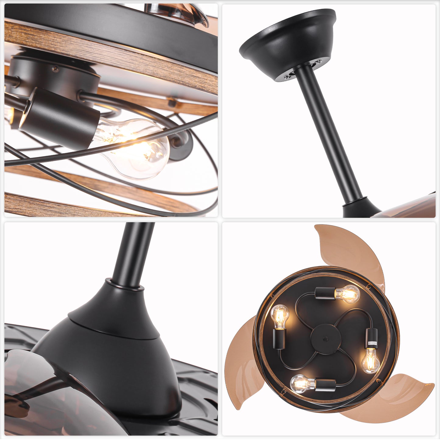 BellaDepot 42" Farmhouse Brown Retractable Ceiling Fan with Remote Control, Invisible Blades Ceiling Fan with Lights - DC4270