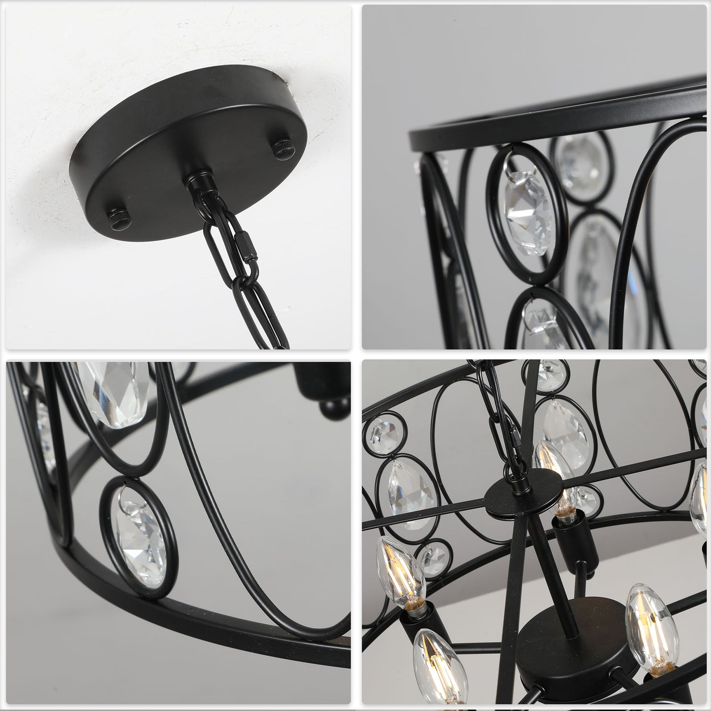 FC4086-5 Lights Black/Silver Finish Glamorous Crystal Geometric Chandelier, Height Adjustable Iron Pendant Light