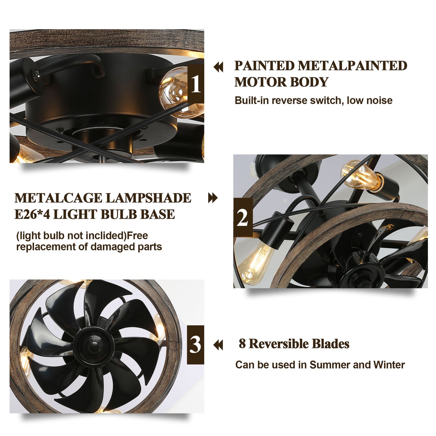 BD1501-BellaDepot 14.6" Farmhouse Distressed Wood Caged Reversible Ceiling Fan with Remote and 4 Lights