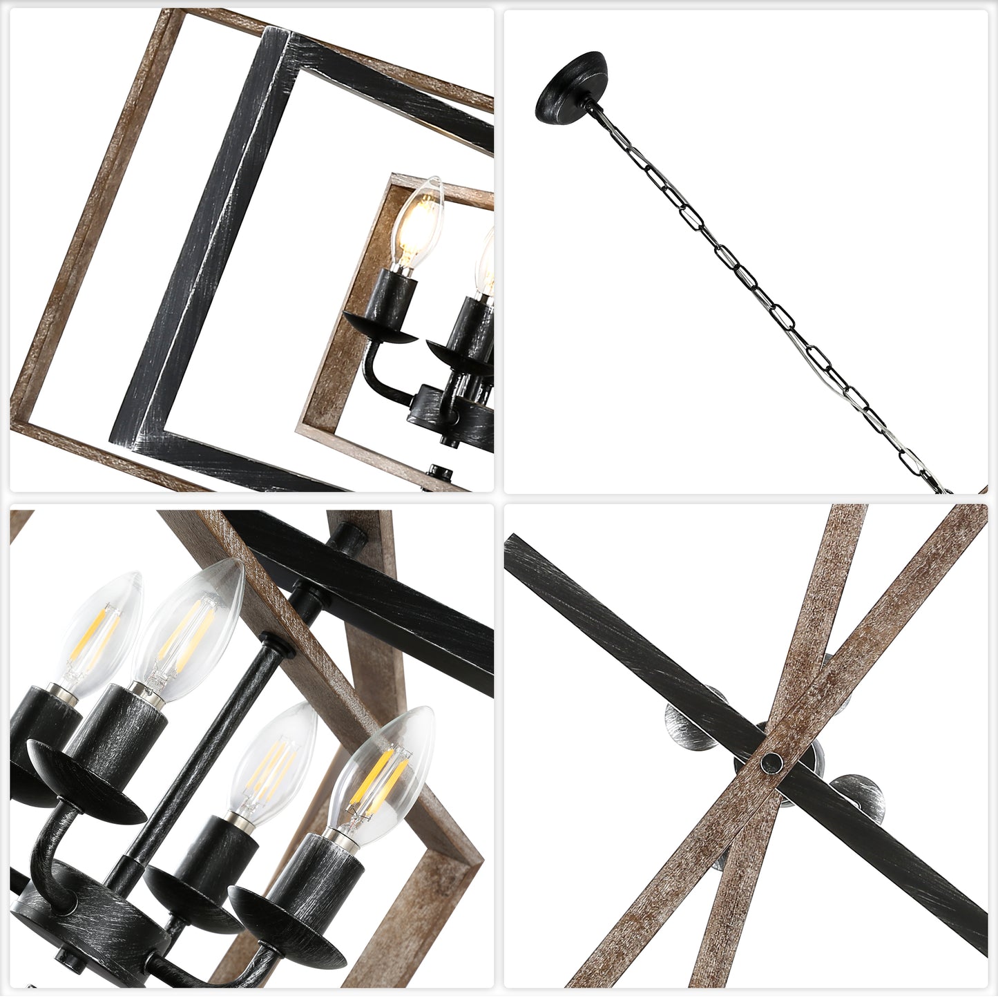 FC4114-4 Lights Geometric Wood Chandelier, Height Adjustable Home Decoration Pendant Light
