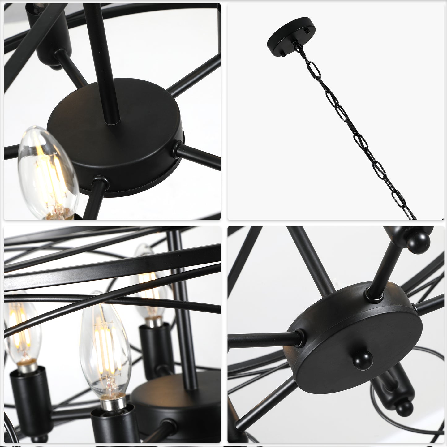 FC4078-5 Lights Black/Silver Finish Simple Linear Metal Caged Chandelier, Geometric Pendant Light with and Adjustable Chain