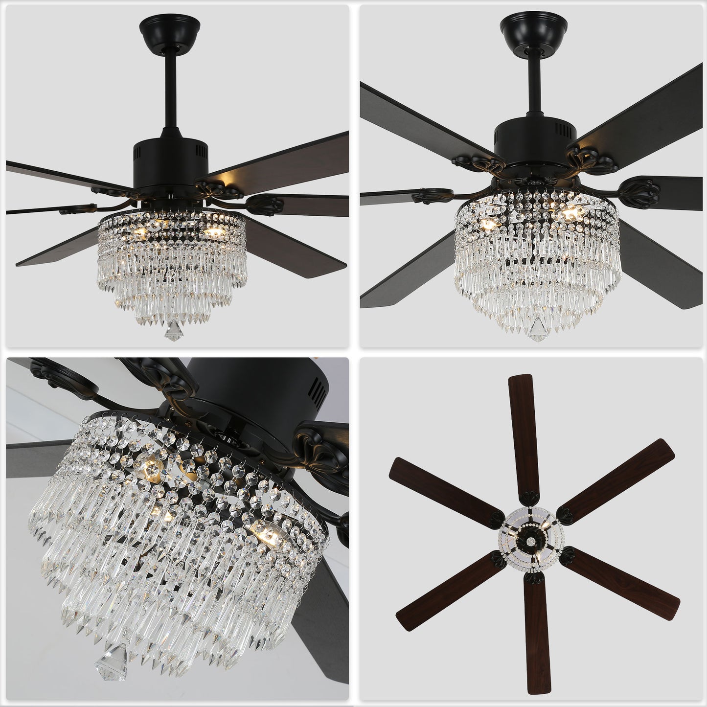 DC6502-65" Black/Silver Finish Metal Crystal Wooden Reversible Ceiling Fan with Remote and 3 Lights, Large Size Ceiling Fan