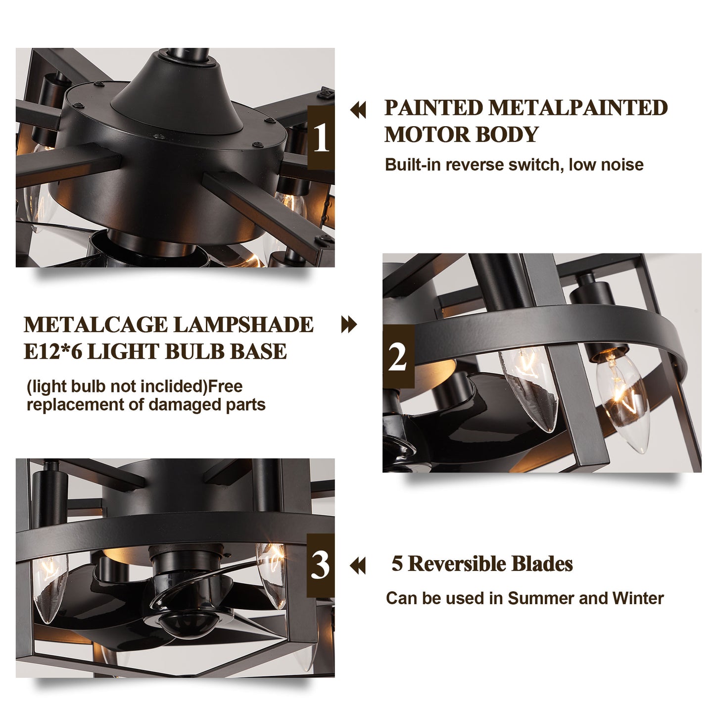 DC1816-BellaDepot 17.7" Black/Silver Industrial Caged Reversible Ceiling Fan with Remote and Lights, DC Motor Ceiling Fan