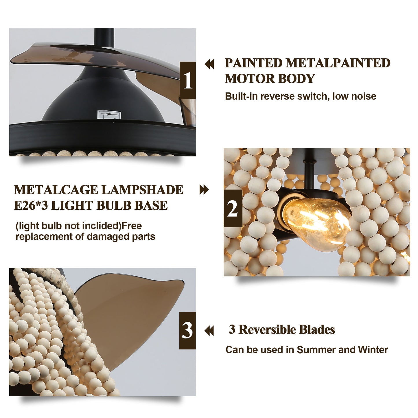 DC4265-BellaDepot 42" Gold/Black/White Retractable Reversible Ceiling Fan with Remote and 3 Lights