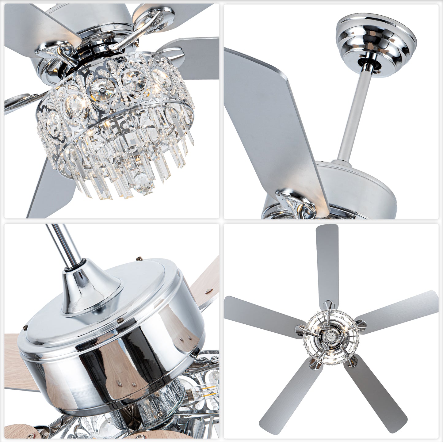 BD2064-52" Silver Finish Deluxe Crystal Reversible Ceiling Fan with 3 Lights and Remote