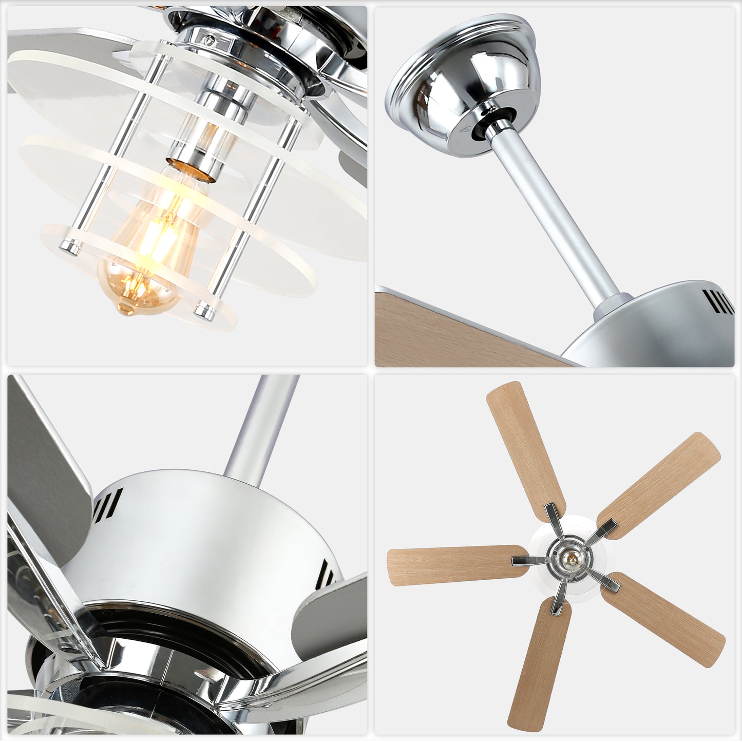 BellaDepot 52" Modern Black or Chrome Acrylic Shade Ceiling Fan with Remote Control, 5 Blades Standard Ceiling Fan with Lights - DC5222-B/C