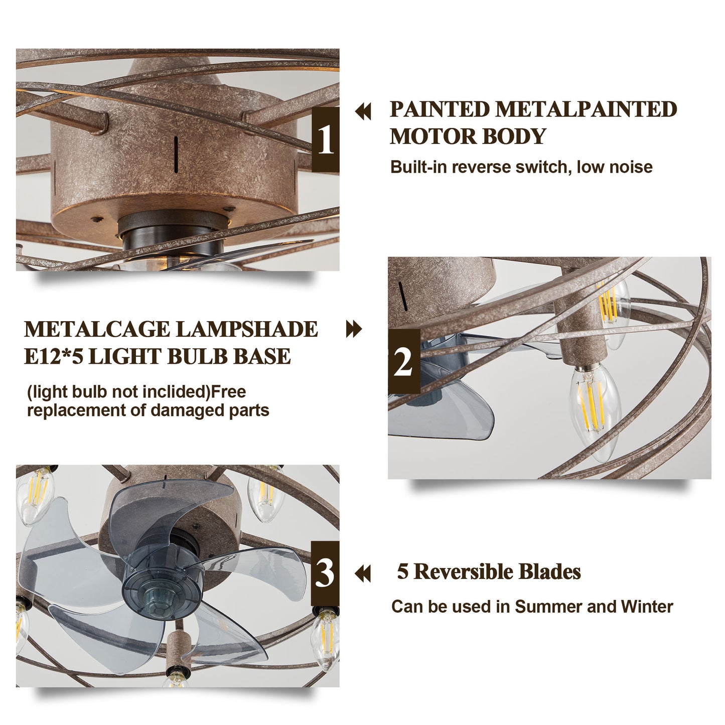GED001-BellaDepot 18" Distressed Retro Reversible Caged Ceiling Fan with Remote and 5 Lights