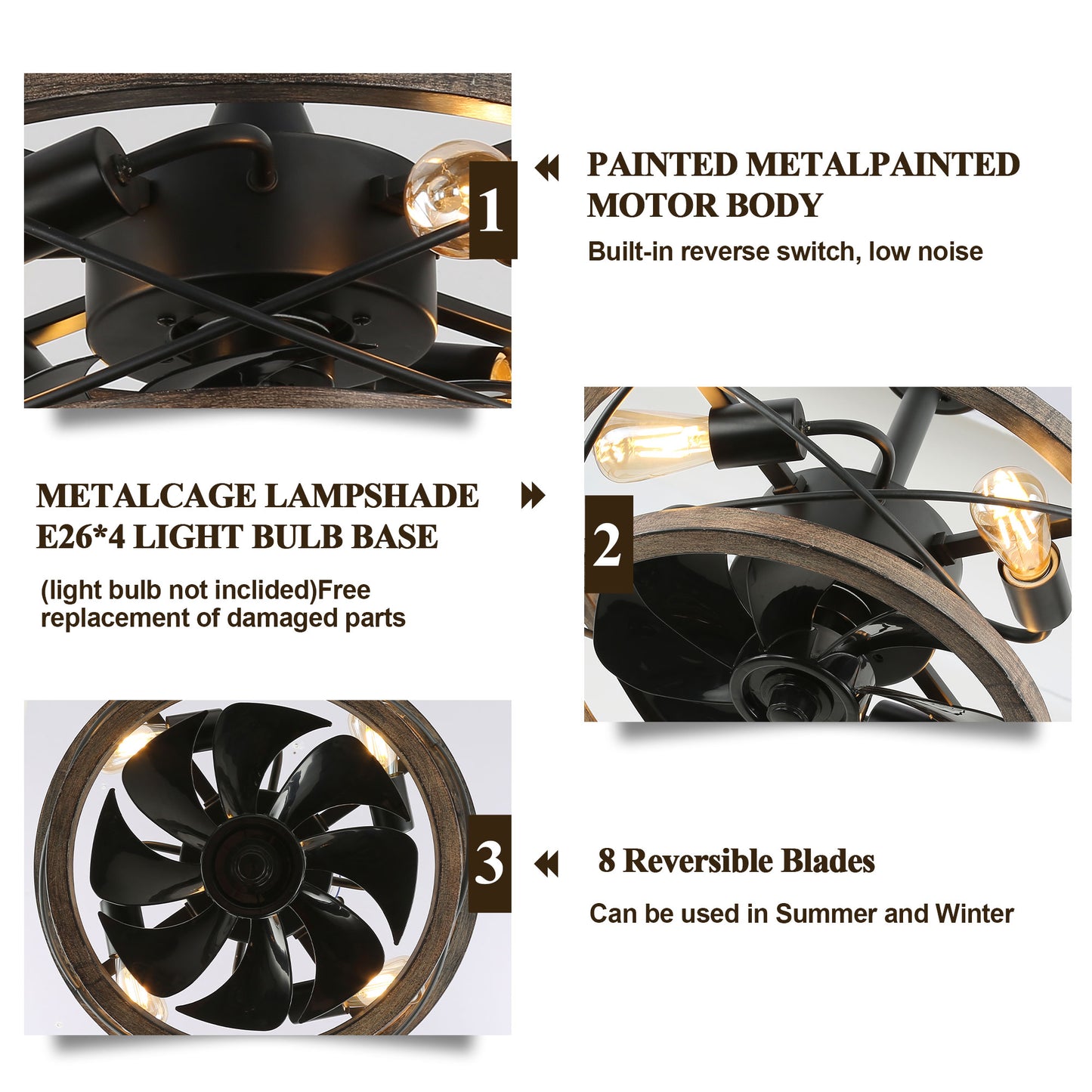 BD1815-17.7" Industrial Metal Caged Reversible Ceiling Fan with Remote and 4 Lights