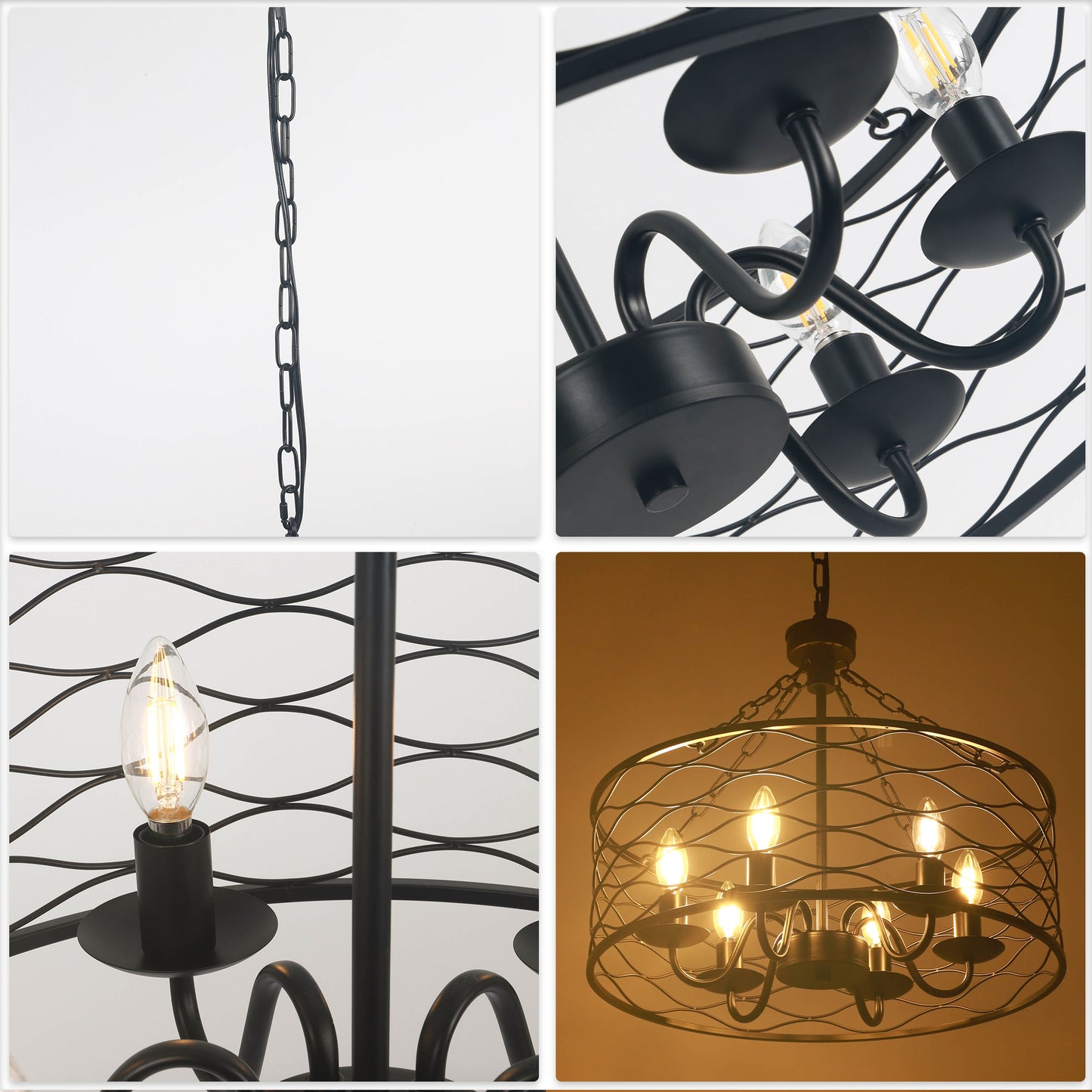 FC4081-Industrial Modern Design Metal Caged Chandelier, Geometric Pendant Light with Light Kit and Adjustable Chain