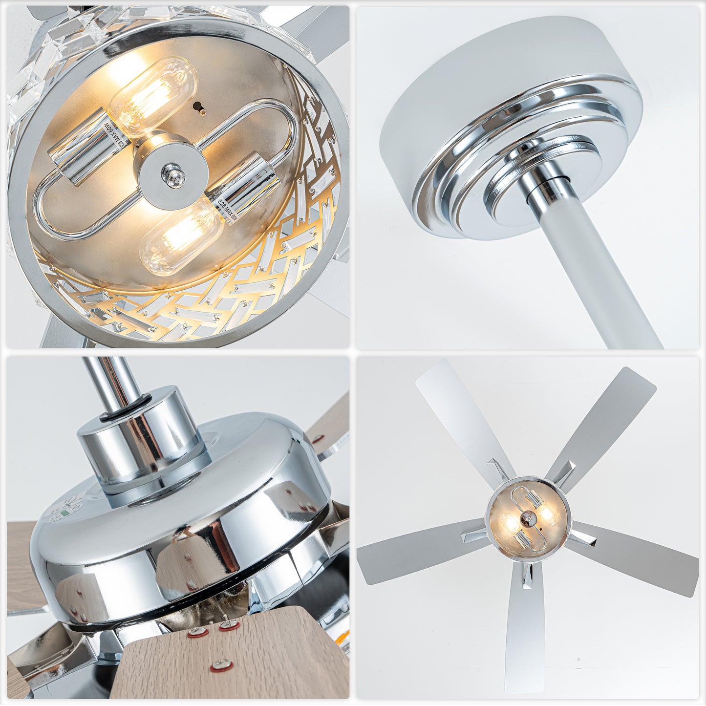 BellaDepot 52" Luxury Crystal Caged Chrome Ceiling Fan with Remote Control, 6 Speeds Ceiling Fan with Lights for Living Room- DC5228-MD