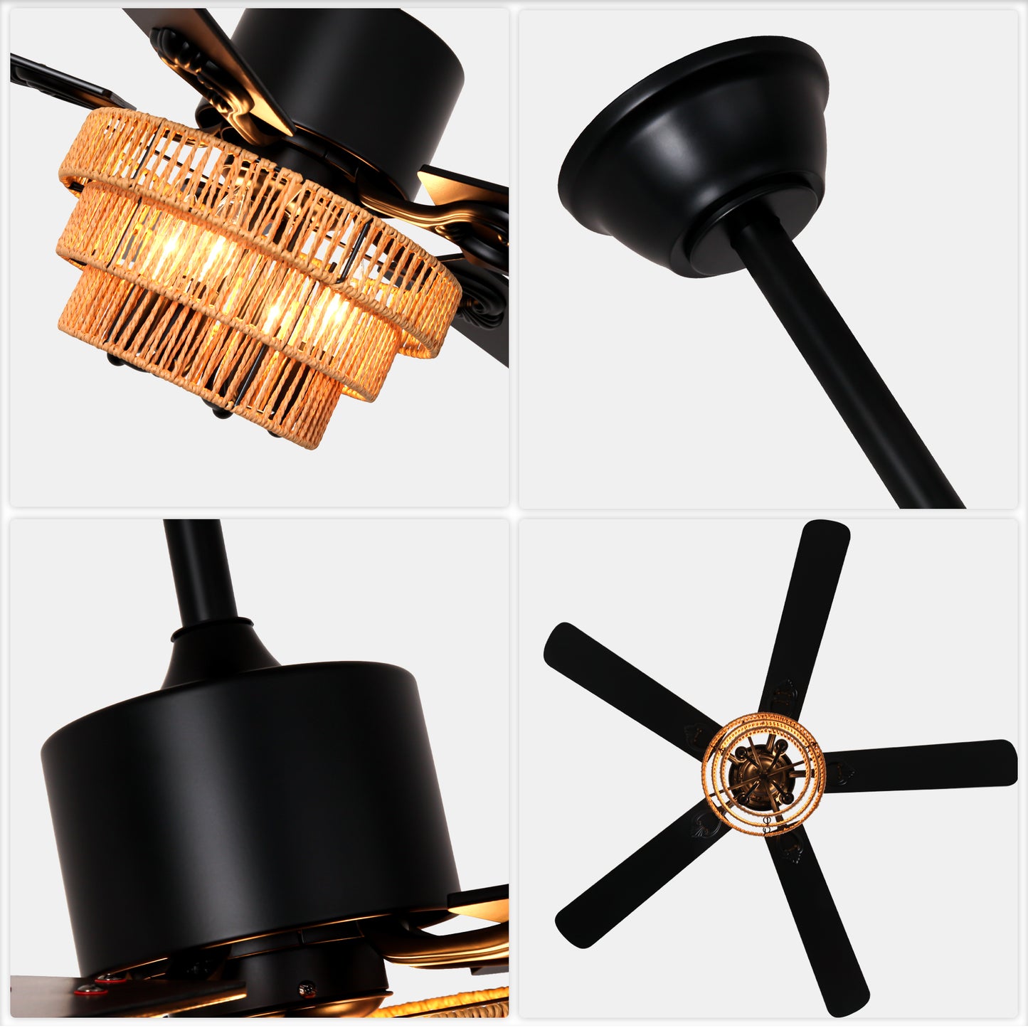 BellaDepot 52" Farmhouse Brown Rattan Caged Ceiling Fan with Remote Control, 5 Blades Standard Ceiling Fan with Lights - DC5221