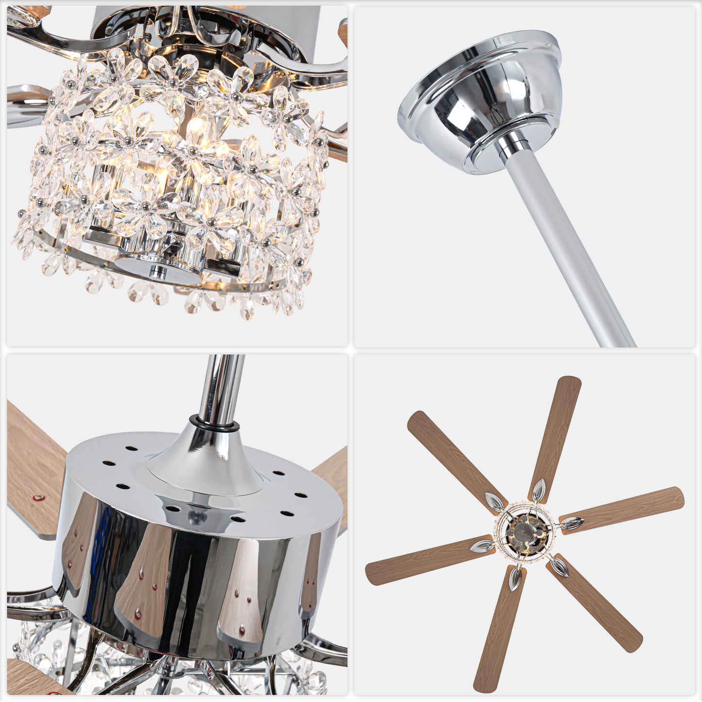 BellaDepot 65" Luxury Crystal Shape Flower Caged Ceiling Fan with Remote Control and 3 Lights, Black or Silver Silent Straight Leaf Fan for All Seasons - DC6510-B/C