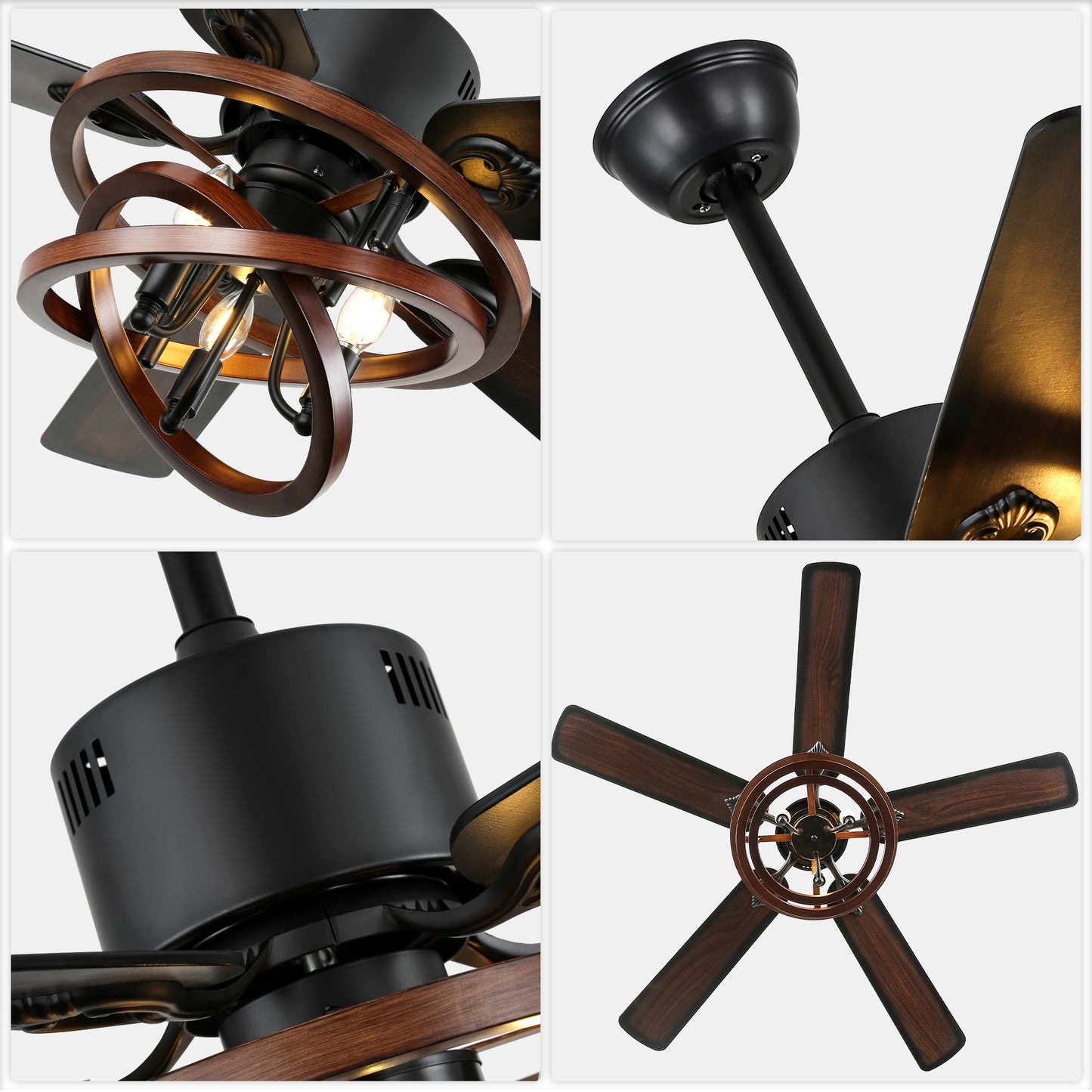 BellaDepot 52" Farmhouse Brown Ceiling Fan with Remote Control, 5 Blades Standard Ceiling Fan with Lights - DC5219