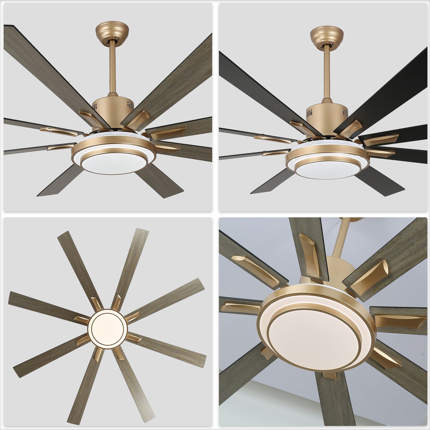 DC7206-BellaDepot 72" Black/Silver/Gold Finish Modern Urban Wood Reversible Ceiling Fan with Remote and LED Light Kit Included, Large Size Ceiling Fan