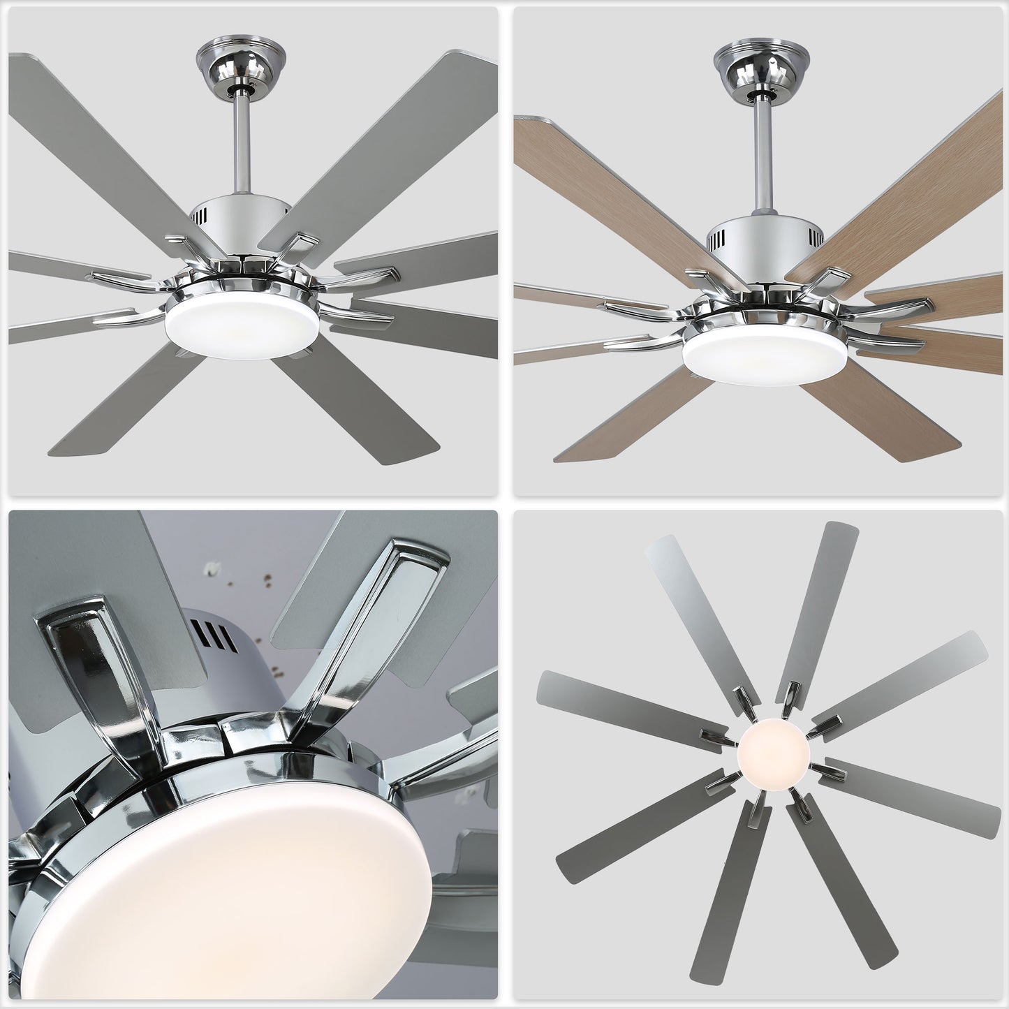 DC7203-72" 8 Blades Black/Silver Finish Modern Urban Reversible Ceiling Fan with Remote and LED Light Kit Included, Large Size Dimmable Ceiling Fan