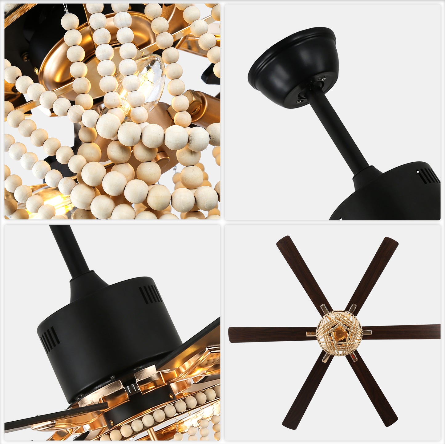BellaDepot 65" Wood Bead Cottage Large Size Ceiling Fan with Remote Control, Silent Motor 6 Speeds Straight Leaf Fan with 3 Lights - DC6508