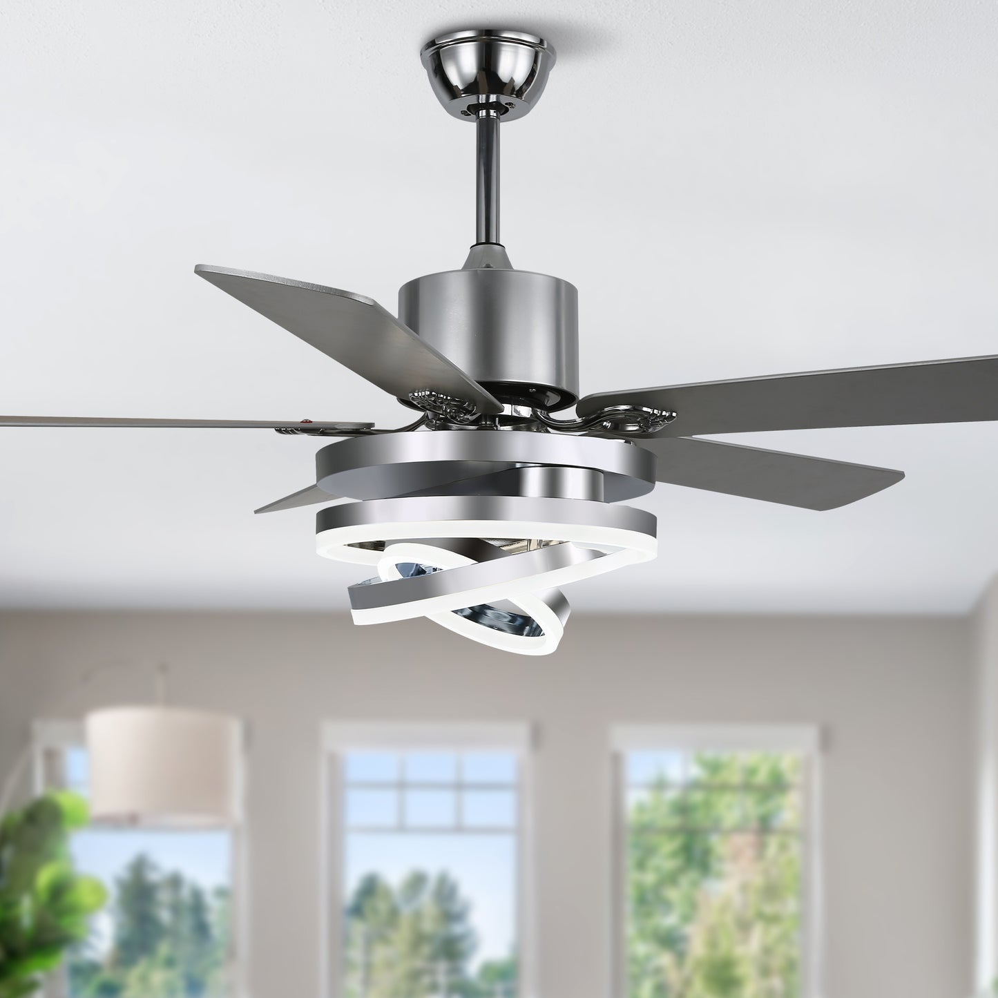 DC2062-BellaDepot 52" Black/Silver Finish Dimmable Ceiling Fan with Remote and LED Light Kit Included, 6-speed Ceiling Fan