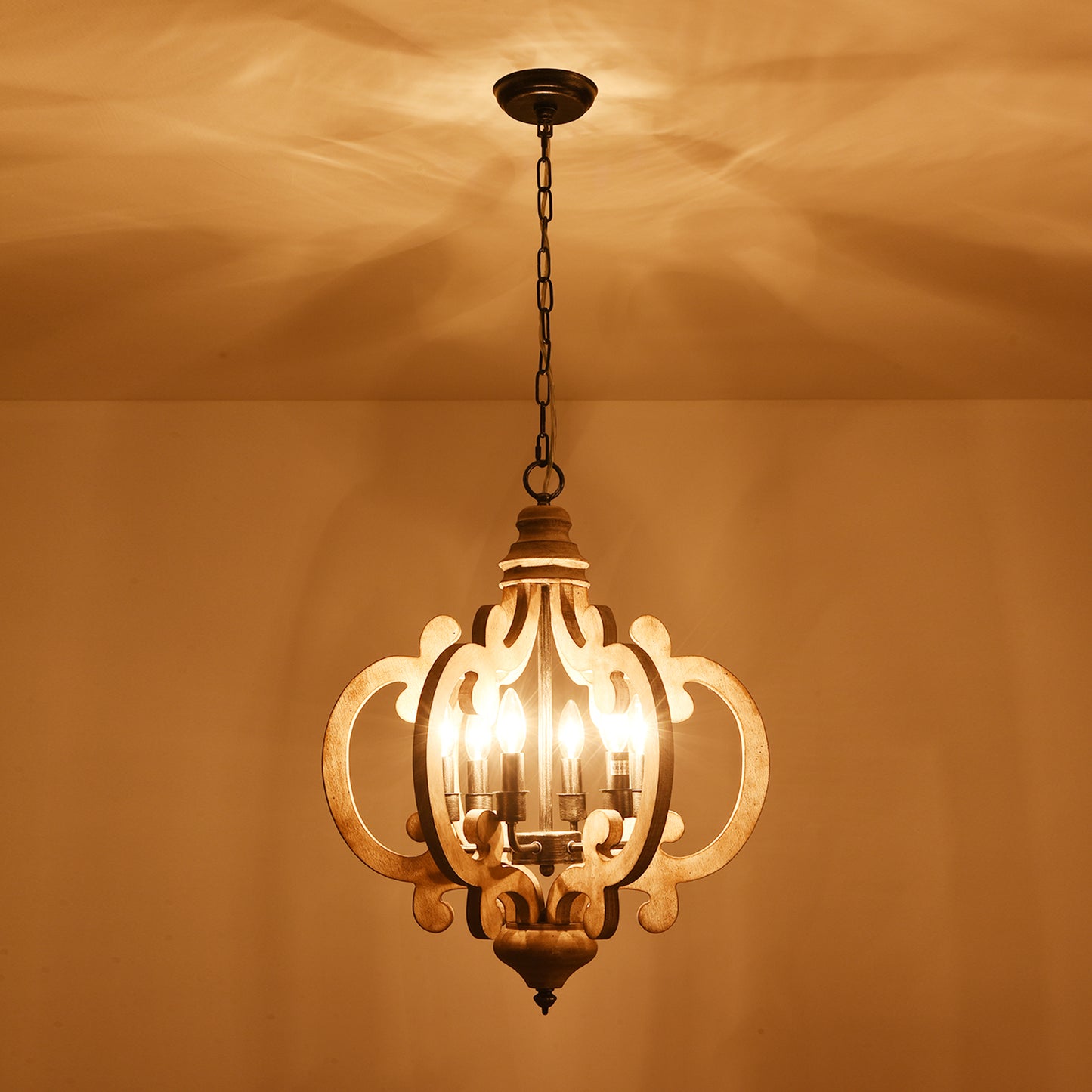 FC4002-H/W-BellaDepot 6 Light Distressed Wood/Distressed White French Country Vintage Style Distressed Wood Geometric Chandelier, Wooden Pendant Light with Adjustable Chain - FC4002