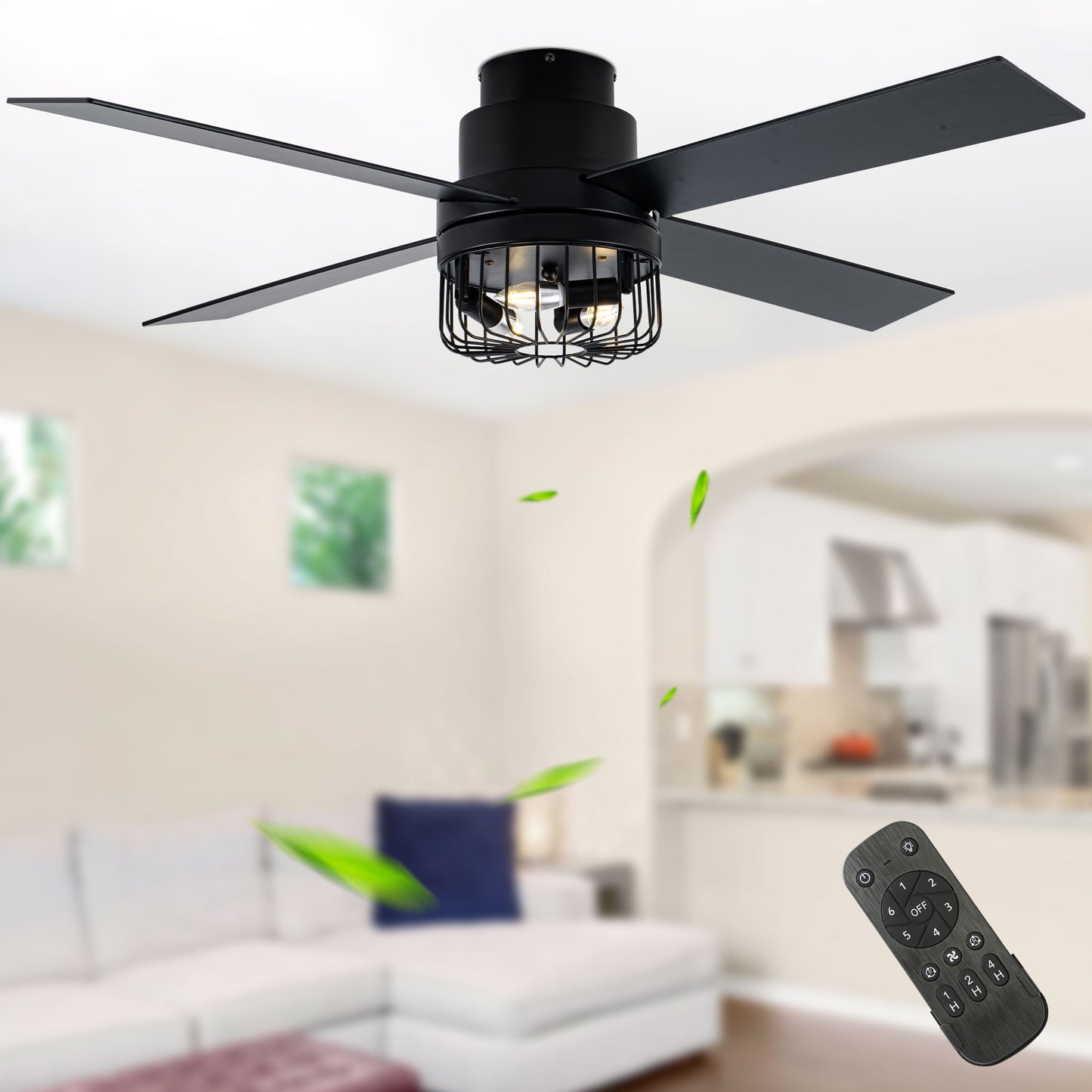 BD2065-52" Retro Black Finish Low Profile Flush Mounted Ceiling Fan with Lights and Remote, DC Motor 6 Speeds Ceiling Fan for All Seasons