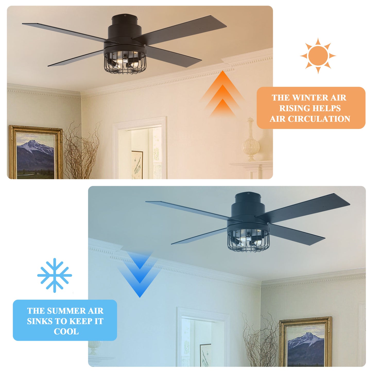 BD2065-52" Retro Black Finish Low Profile Flush Mounted Ceiling Fan with Lights and Remote, DC Motor 6 Speeds Ceiling Fan for All Seasons